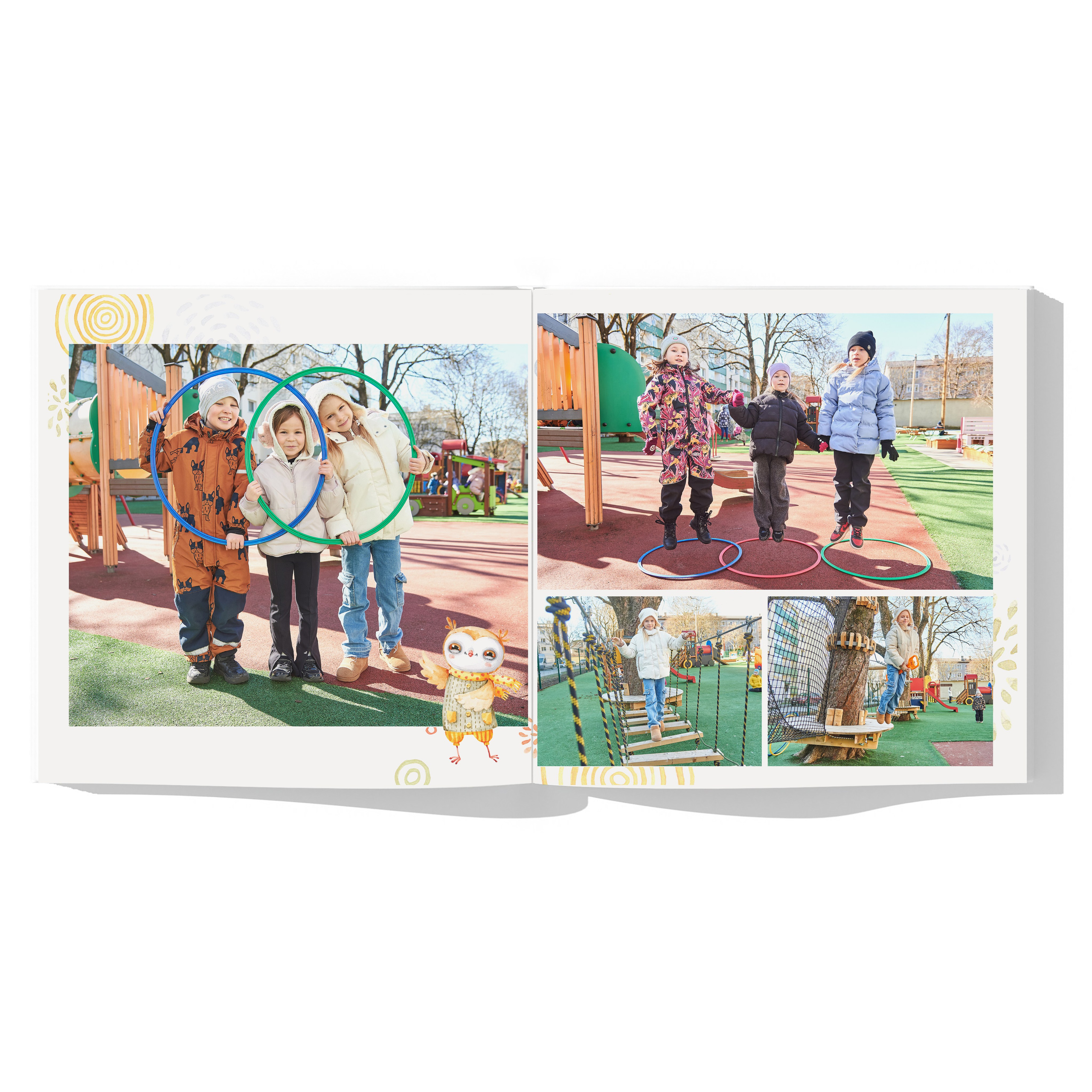 Разворот с фотографиями ребенка в уличной активности и подвижности. Фото с друзьями на детской площадке.