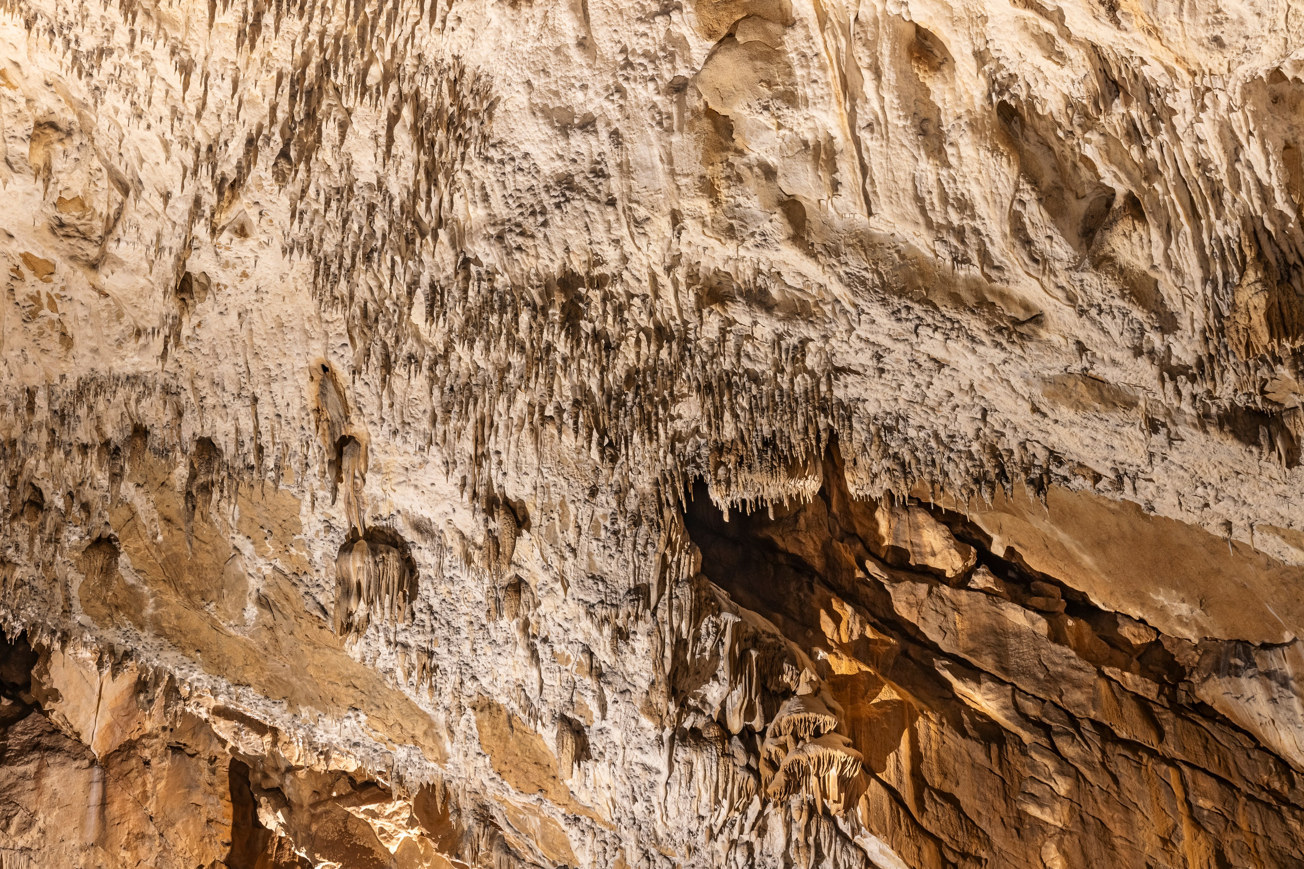 Unutrašnjost Bijambarske pećine – prirodne stijenske formacije i svjetlosni efekti u podzemlju Bosne i Hercegovine.