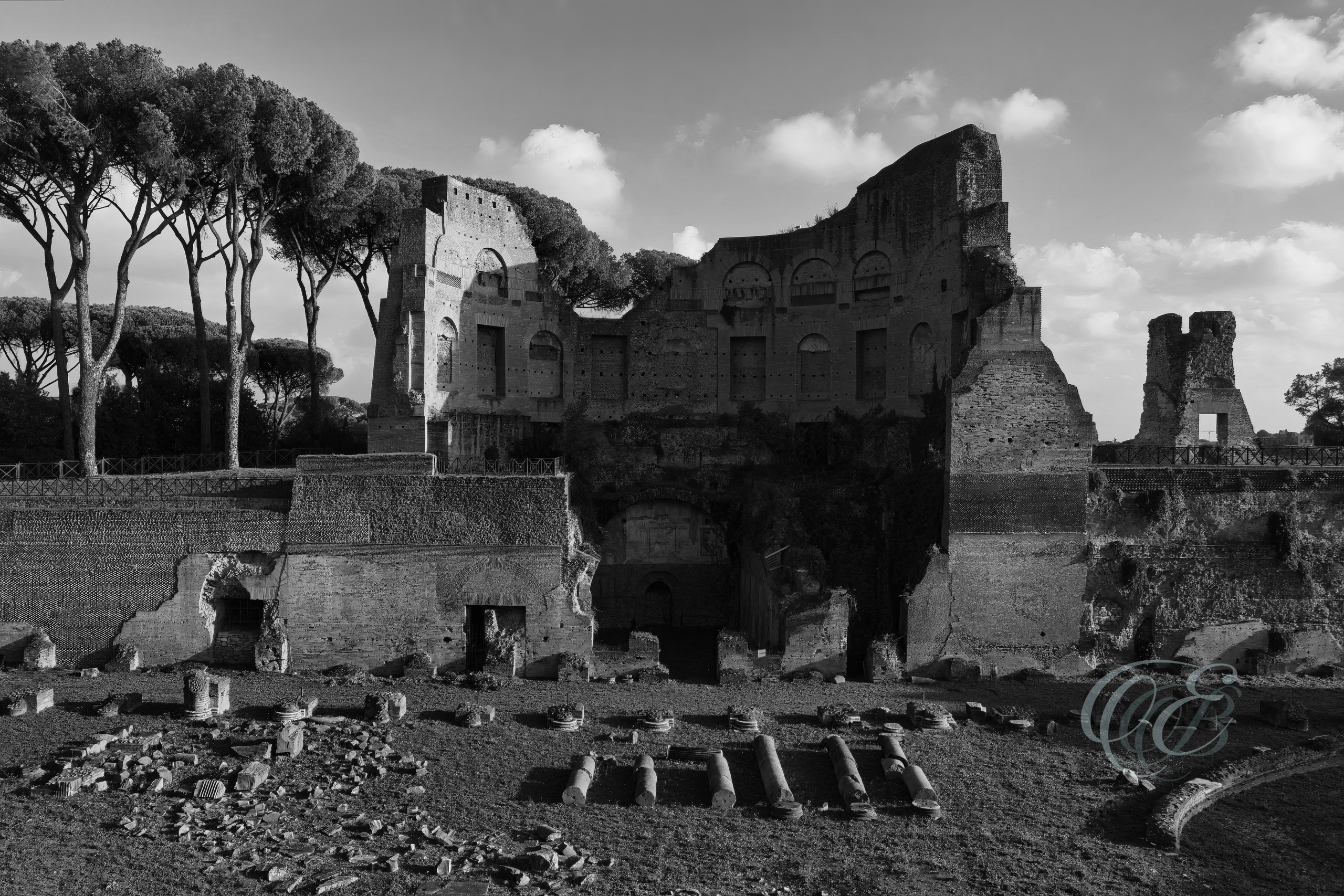 Rome Italy – Palatine Hill Sunset serene – B&W – Eduardo Bartoli Fine Art Photography – Serene black-and-white sunset photograph of Palatine Hill in Rome, Italy, by Eduardo Bartoli.