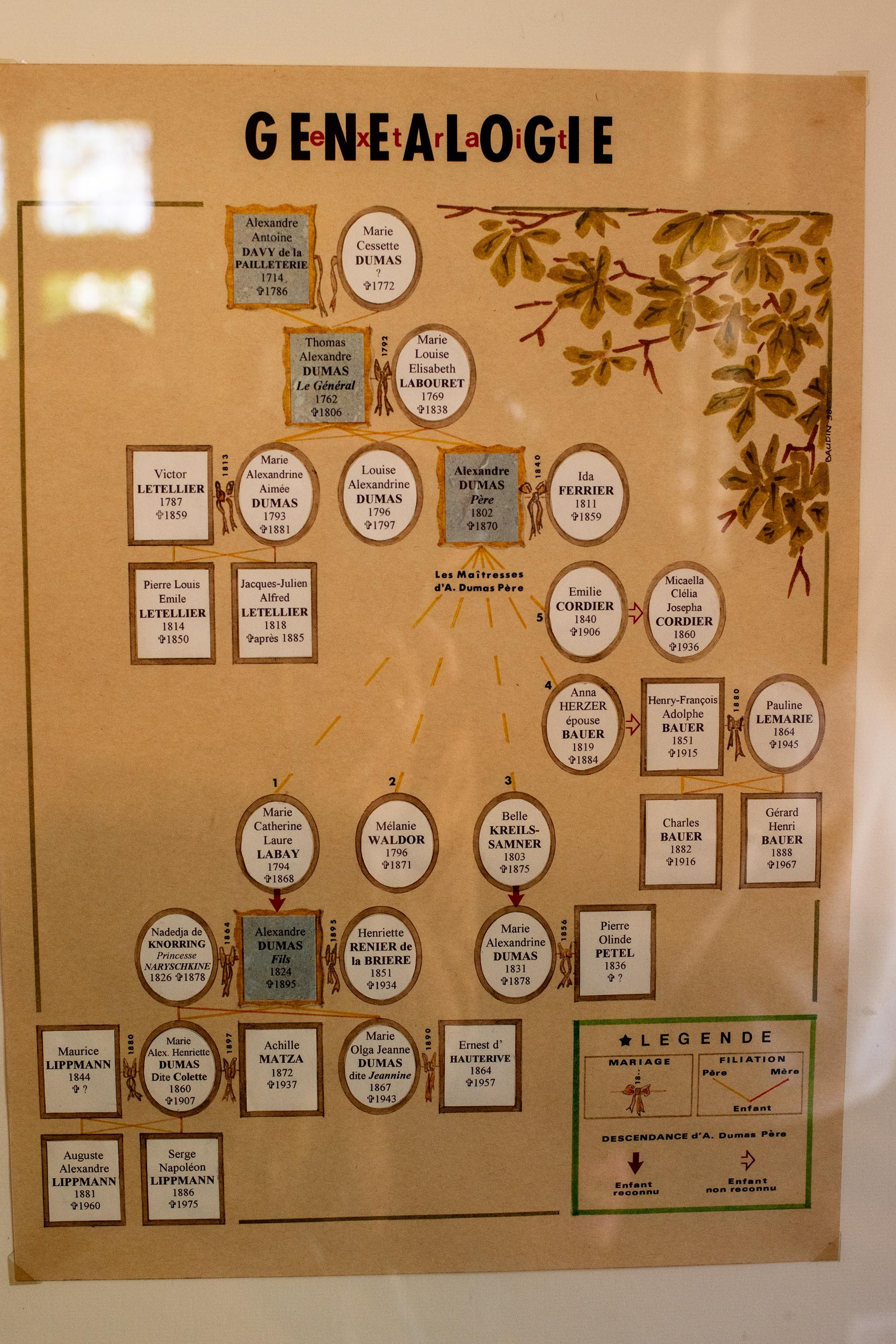 Genealogy chart of Alexandre Dumas displayed inside Château de Monte-Cristo museum near Paris