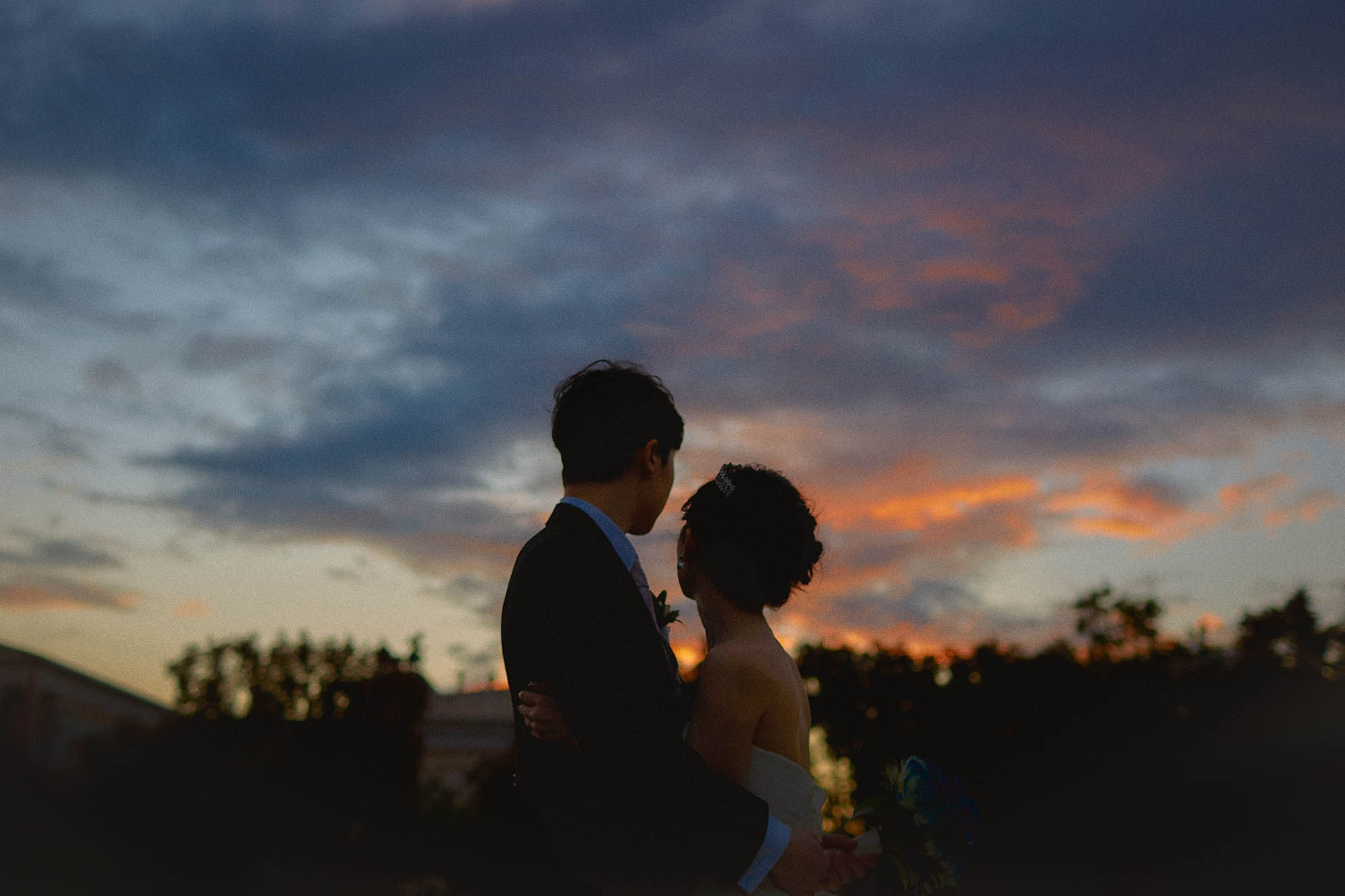 Newlyweds silhouetted against colorful night sky Volksgarten.