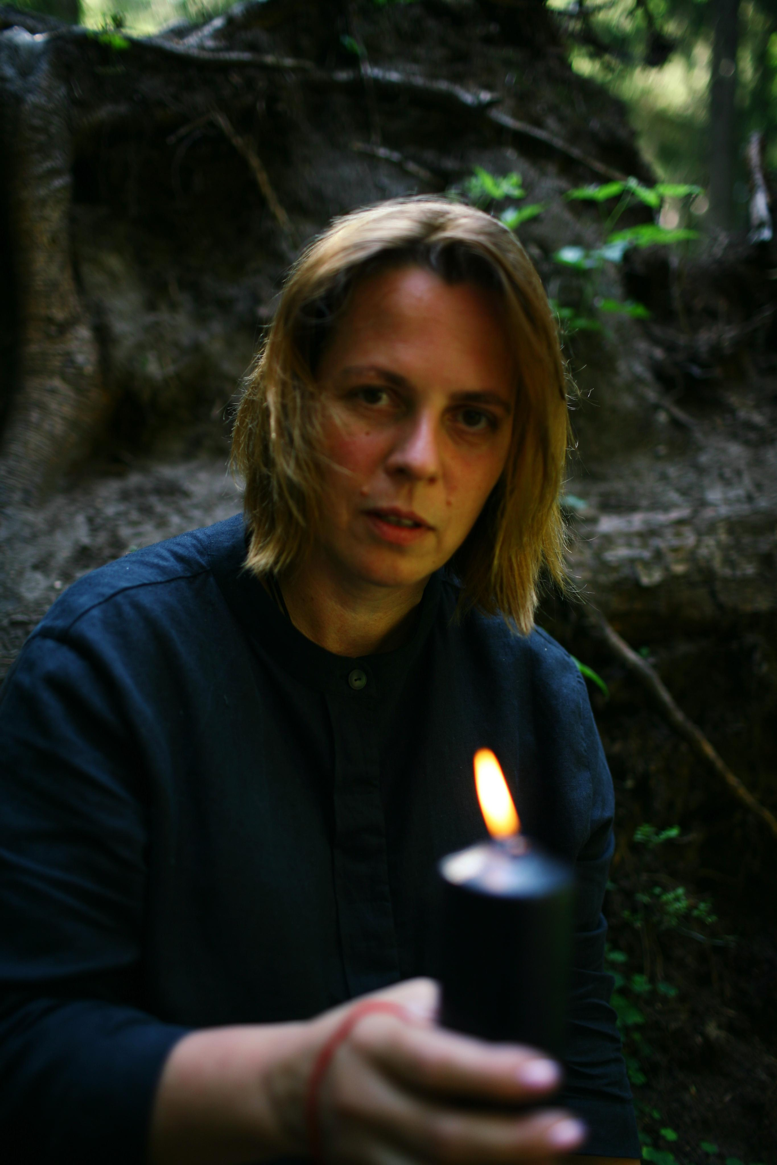 Anna, by herself. Woods and a little bit fire. Victoria Dini. Art photography in London / Folkestone, UK