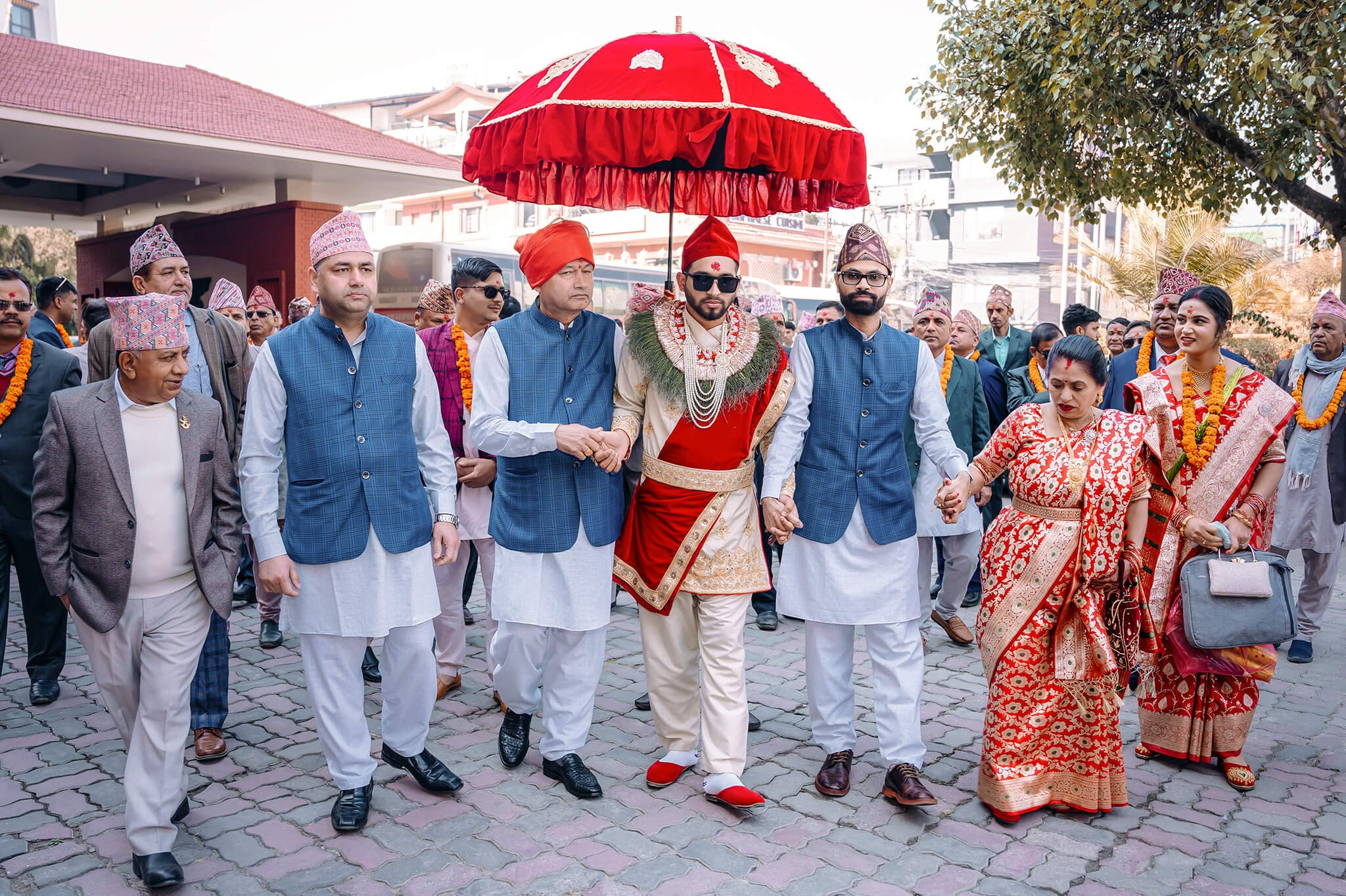 Traditional Nepali wedding procession (Janti) with family and friends in Kathmandu