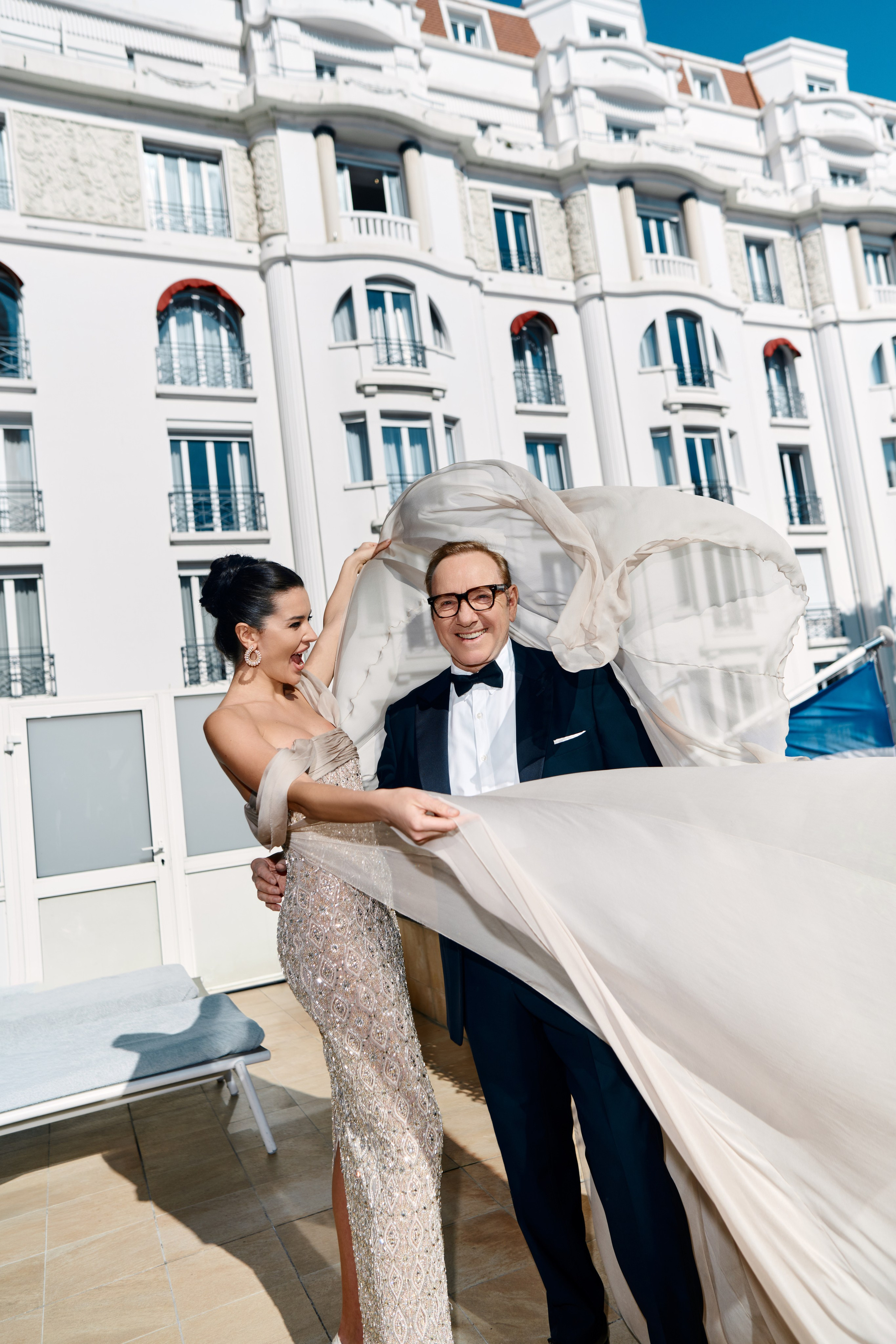 Kevin Spacey Cannes red carpet getting ready Le Majestic terrace 2026