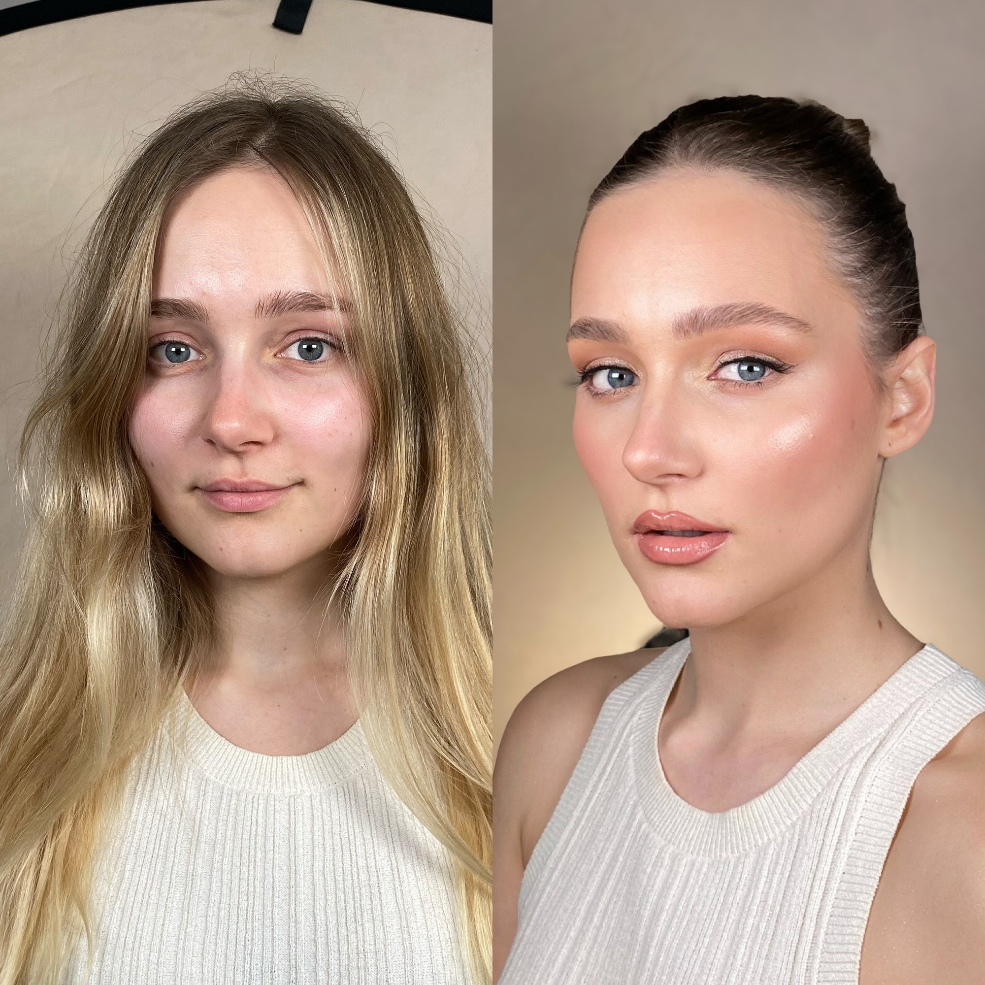 Before and after natural daytime makeup in Rome. Bare face to soft blush and nude lipstick.