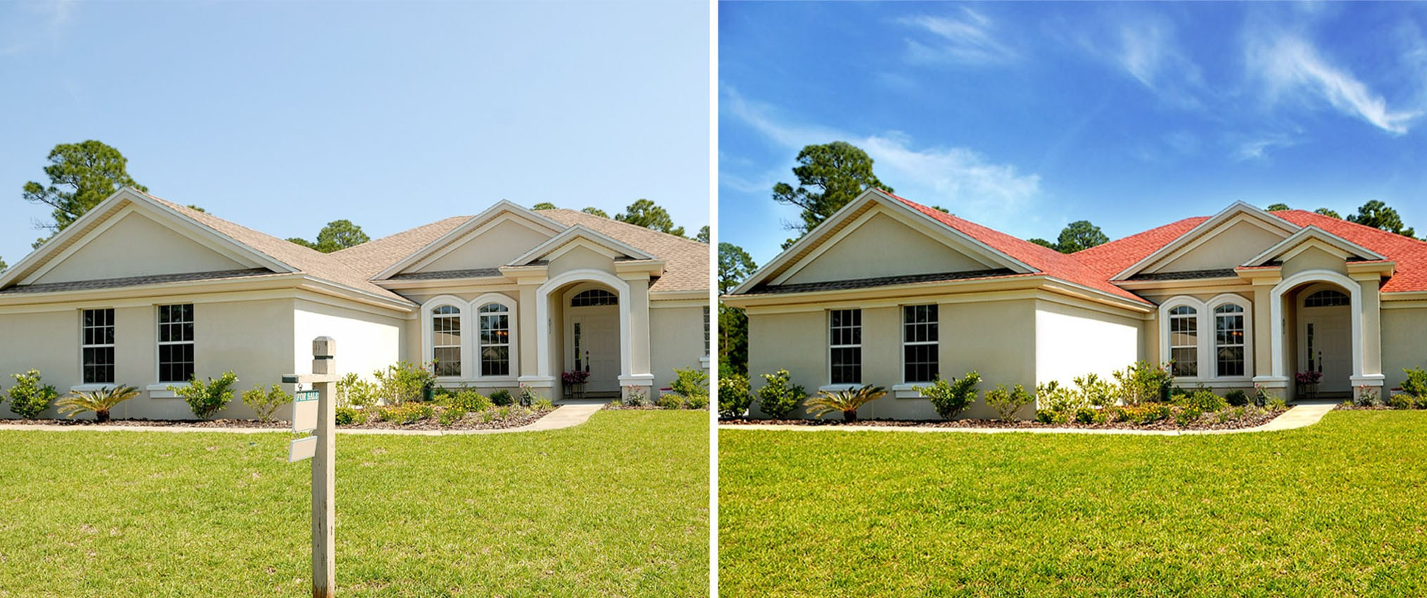 Before and after real estate photo editing with roof enhancement and realistic sky replacement.