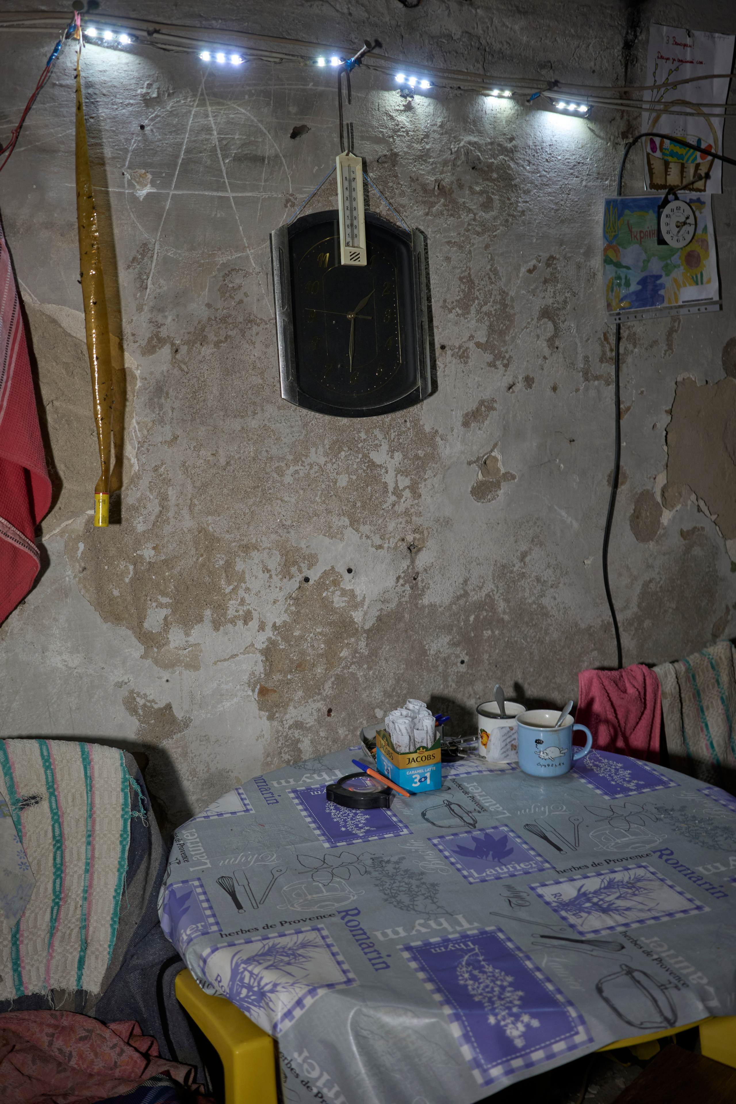 Kitchen table in the civilians' shelter in Luch.
