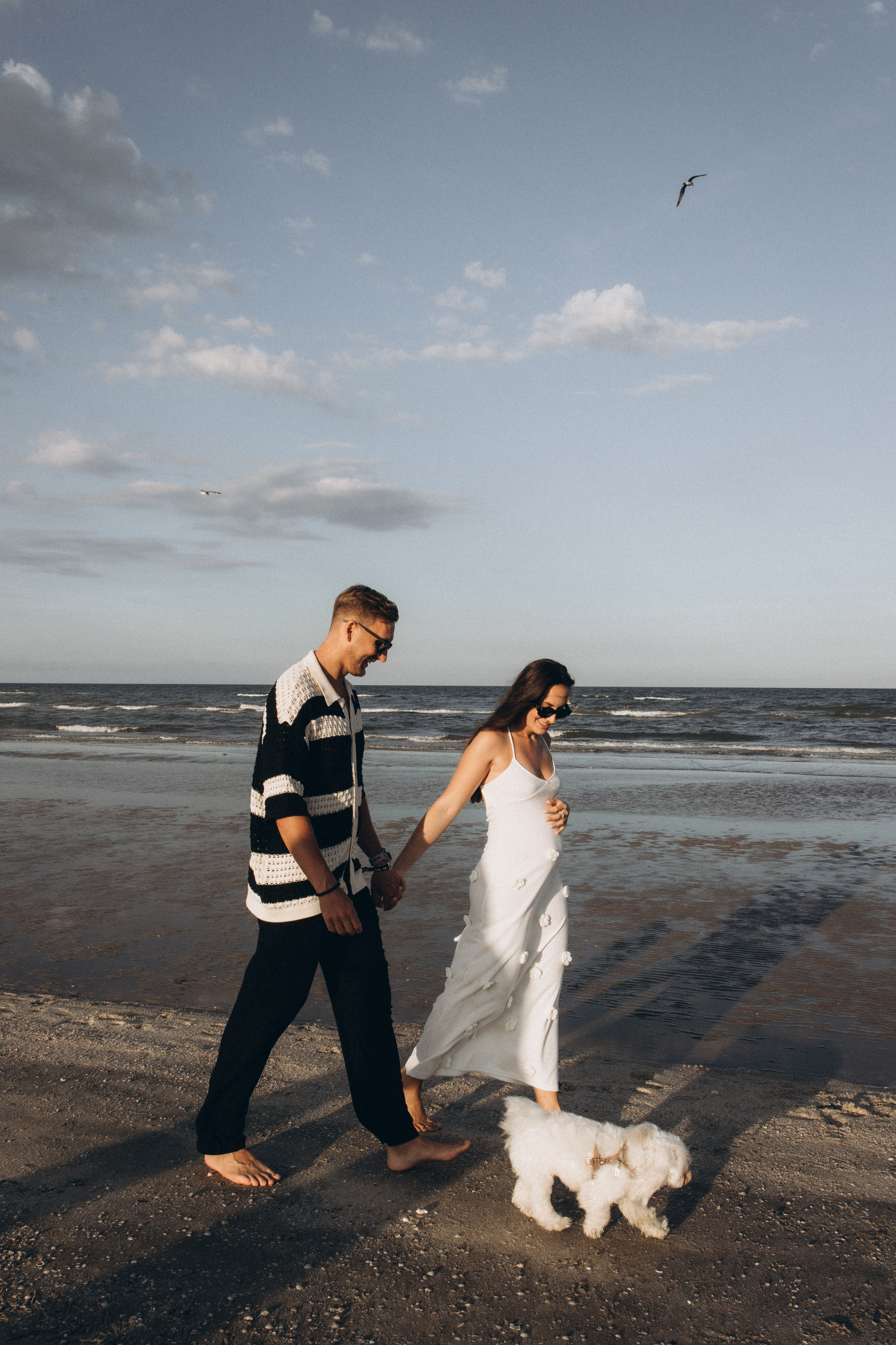 Servizio fotografico di gravidanza a Rimini sulla spiaggia — coppia che cammina sul mare con il cane