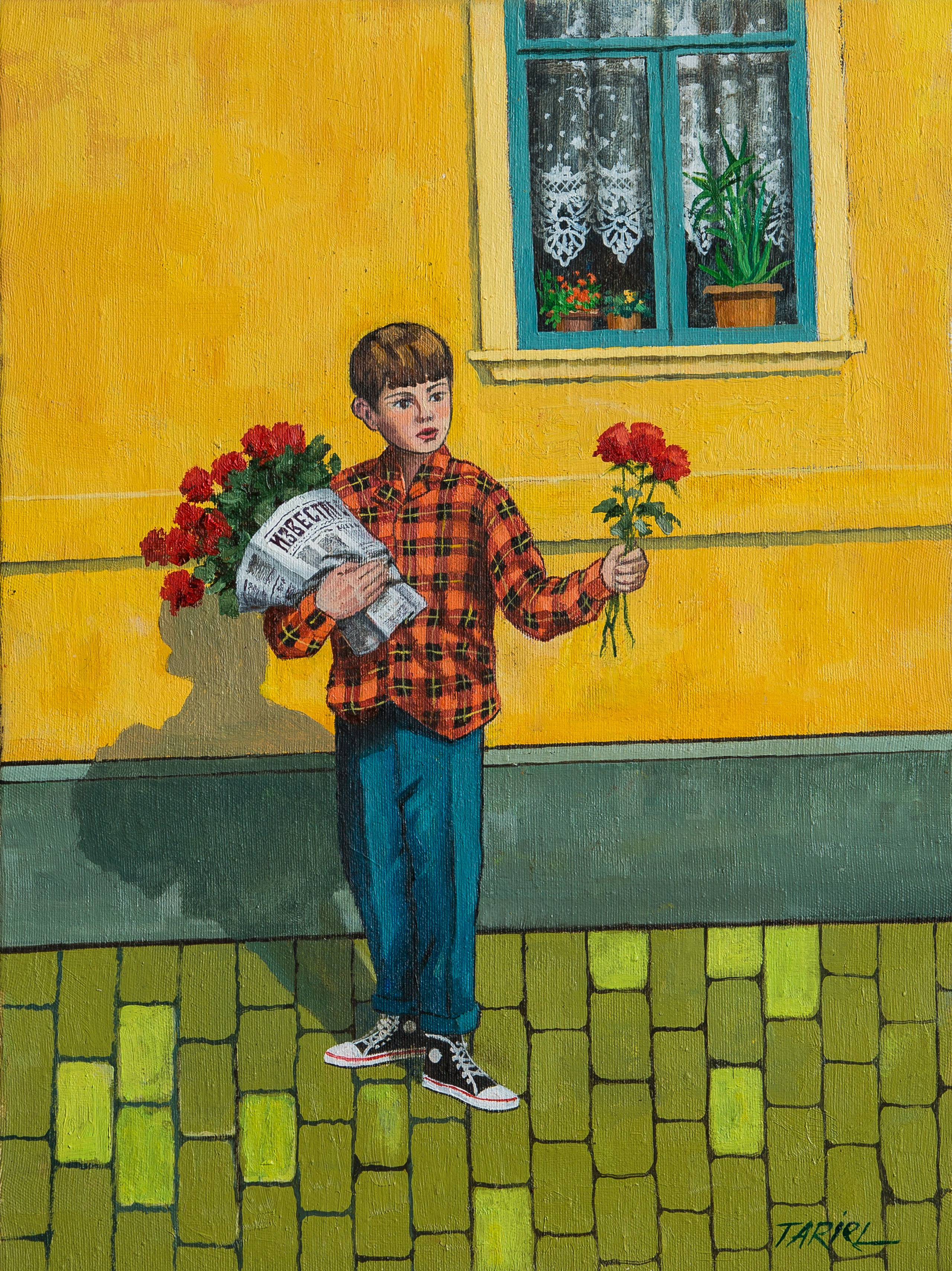 Tariel Əhmədovun yağlı boya ilə çəkilmiş rəsm əsəri, parlaq sarı divarın önündə yaşıl rəngli səkidə dayanan gənc oğlanı göstərir. Oğlan qırmızı-qara damalı köynək, mavi şalvar və kedalar geyinib. Sol qolunda qəzetə bükülmüş (üzərində "ИЗВЕСТИЯ" sözü yazılıb) böyük qırmızı qızılgül dəstəsi, sağ əlində isə bir neçə tək qızılgül tutur. Onun yuxarısında mavi haşiyəli, tül pərdəli və dibçəkli bitkilərin olduğu pəncərə görünür.