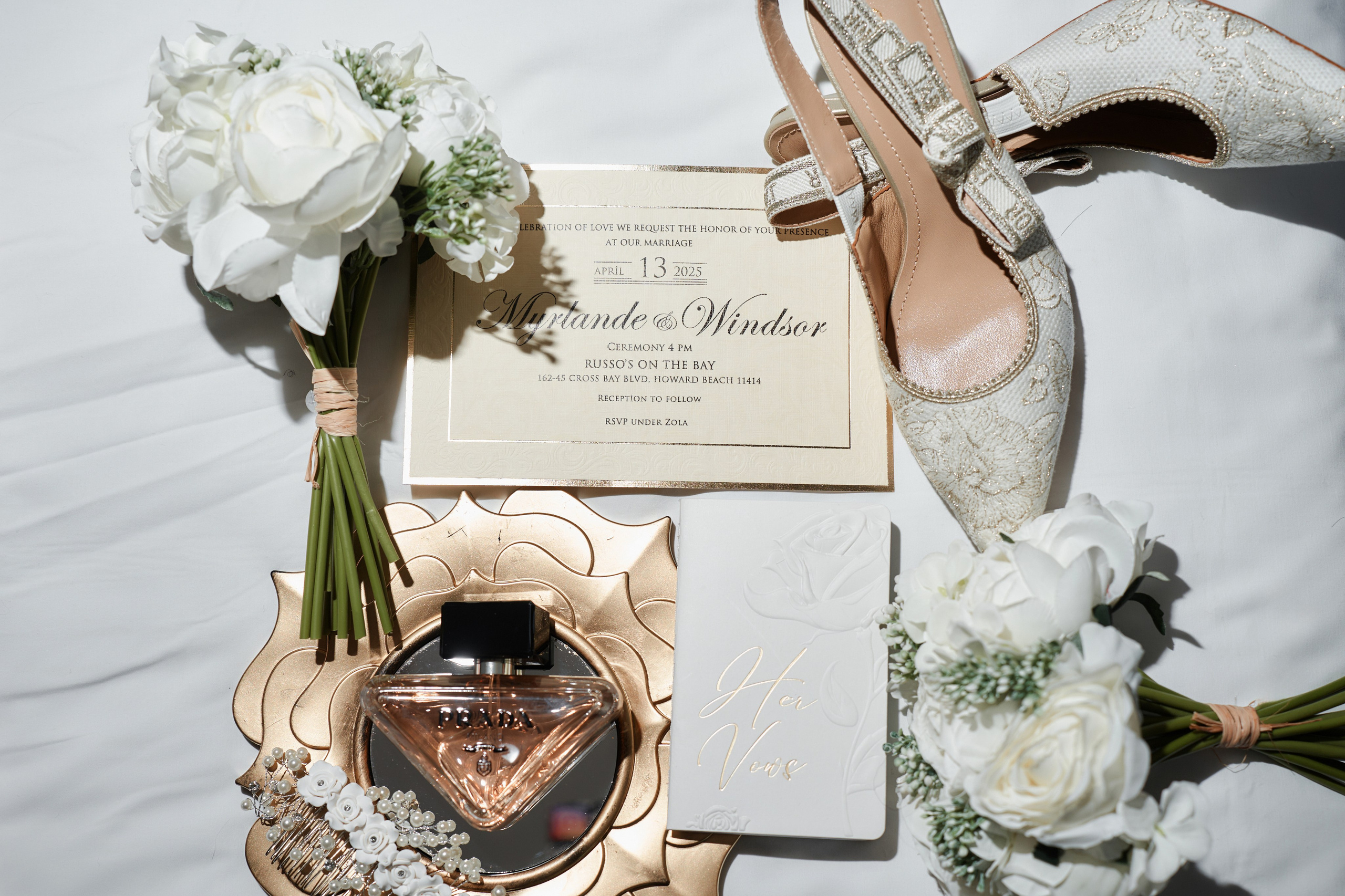 Wedding details photography with rings, bouquet, and invitation in New Jersey