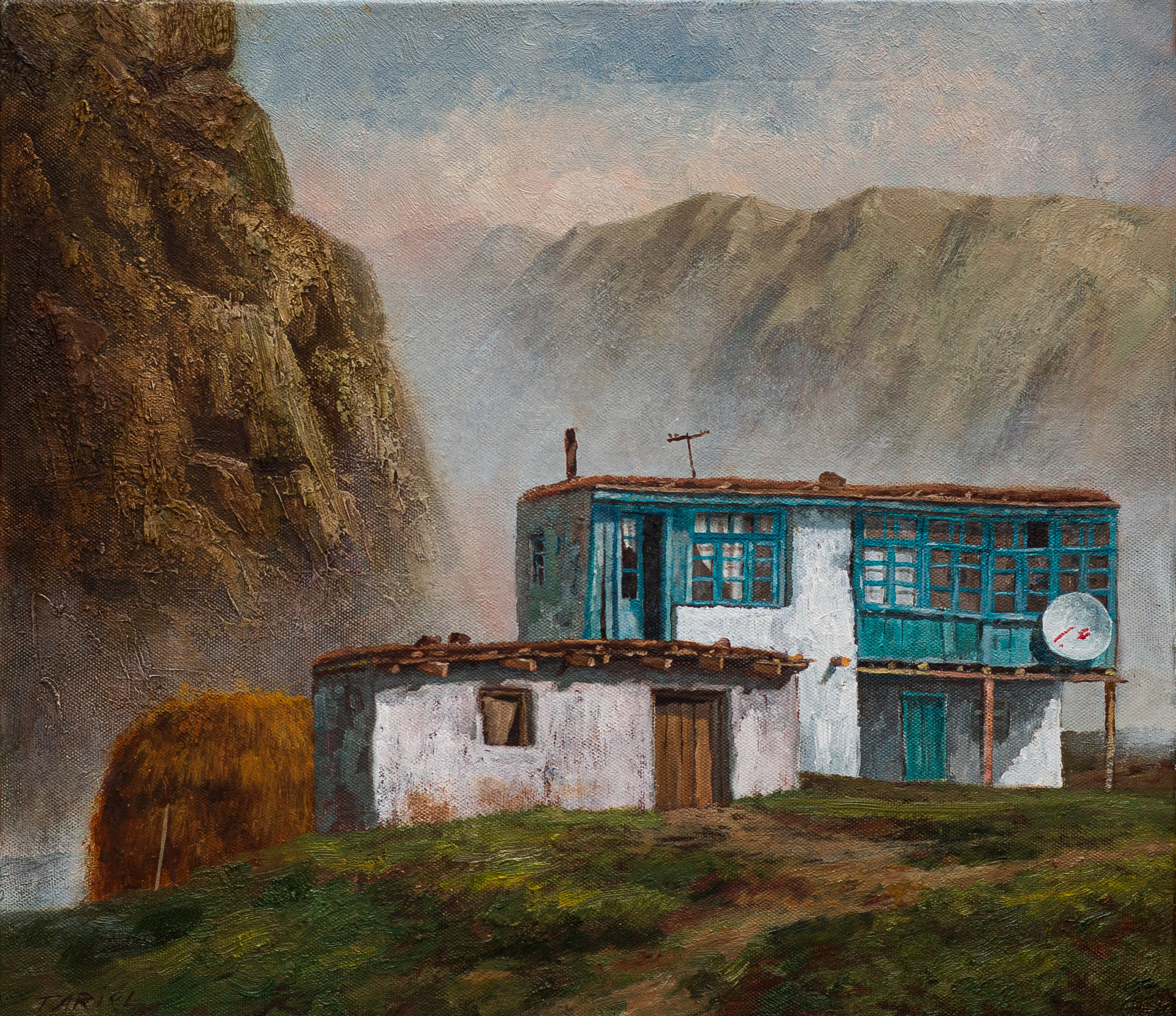 Tariel Əhmədovun yağlı boya ilə çəkilmiş mənzərə əsəri, parlaq mavi rəngli taxta çərçivələri və eyvanları olan köhnə, kənd üslublu iki mərtəbəli ağ evi təsvir edir. Ev otlu təpənin üzərində yerləşir, sol tərəfində böyük, sıldırım qəhvəyi bir qaya və uzaqda dumanlı, alçaq dağlar görünür. Evə dairəvi peyk antenası bərkidilib və binanın kiçik hissəsinin yanında böyük bir ot tayası var.