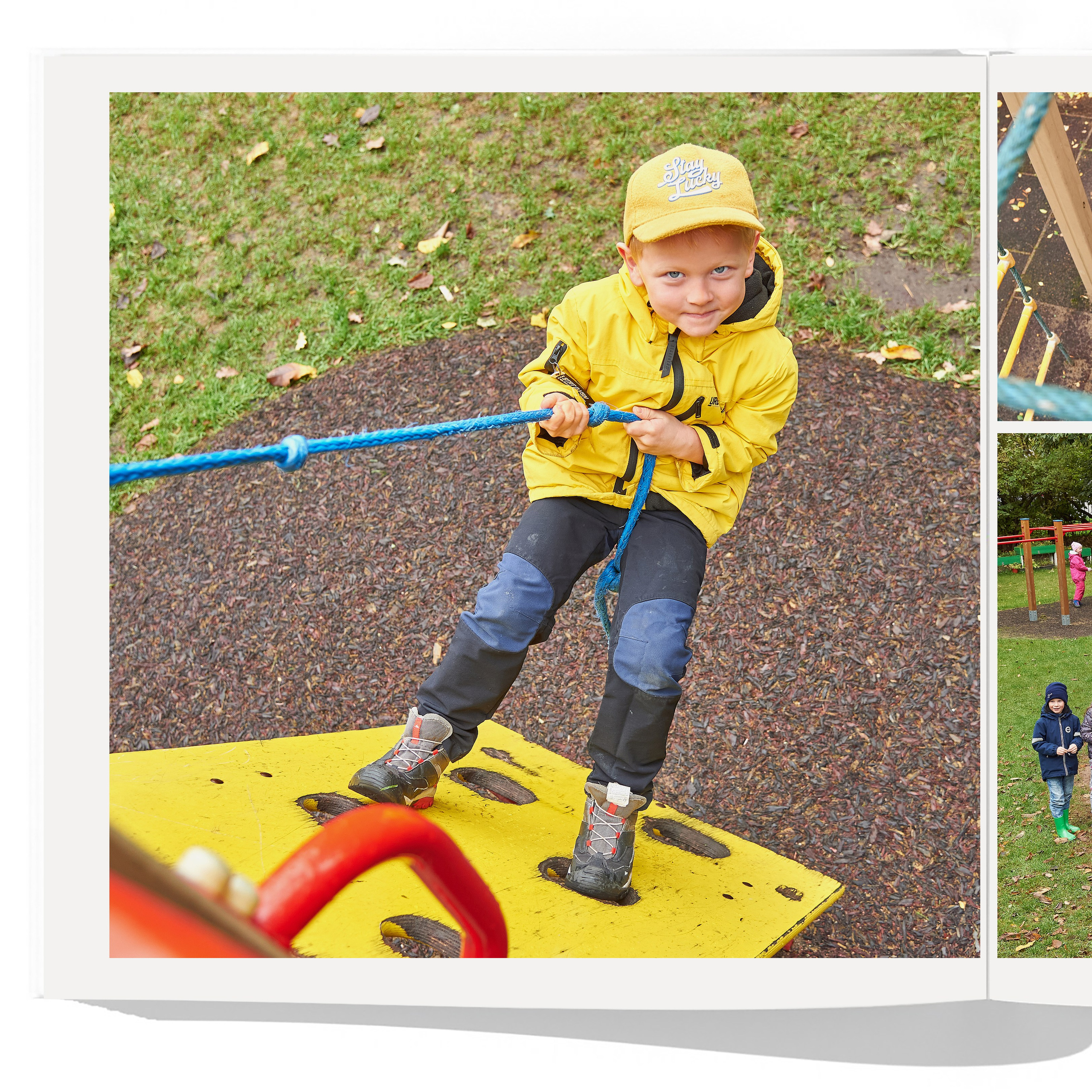 Разворот с фотографиями ребенка в уличной активности и подвижности. Фото с друзьями на детской площадке.