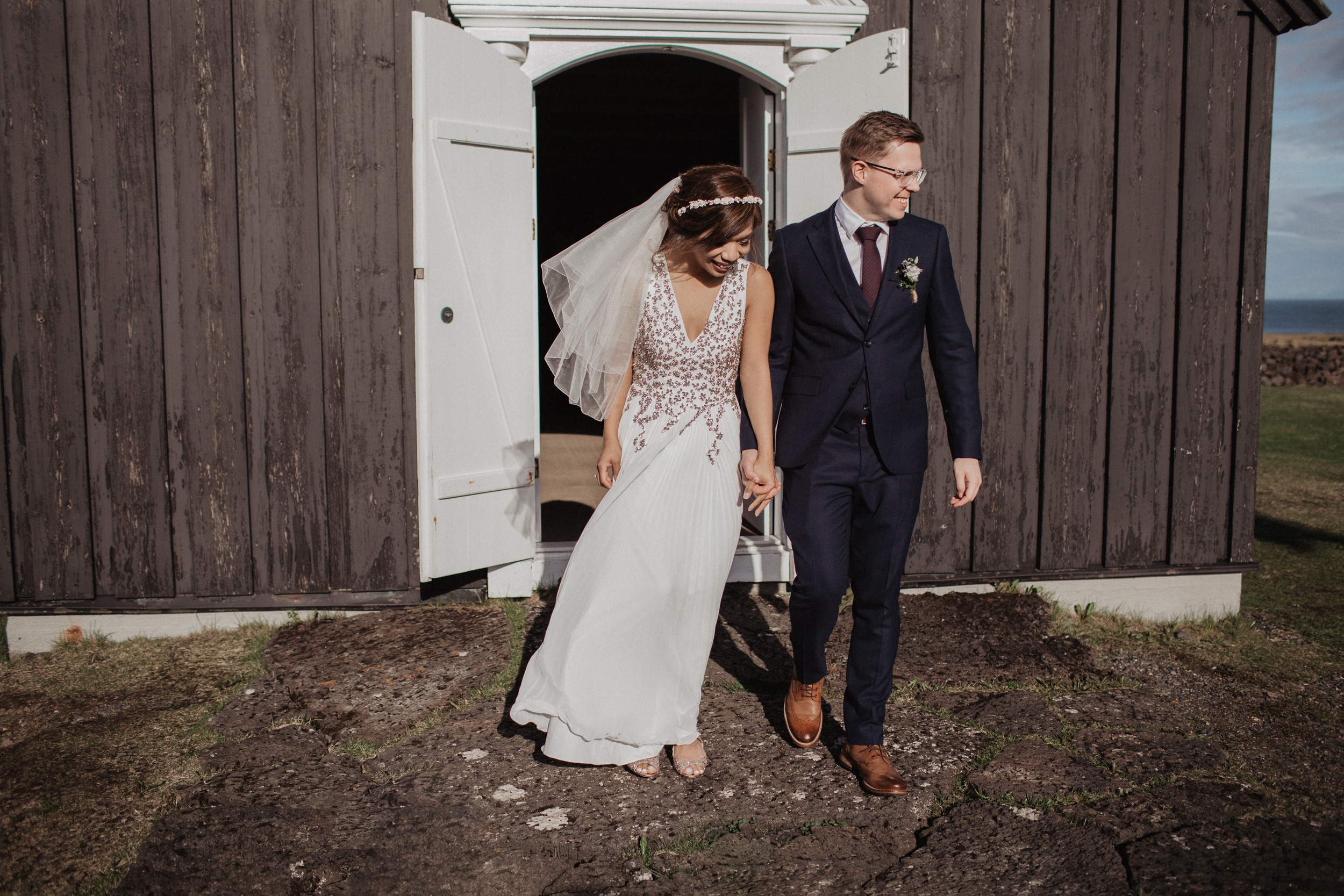 Wedding in Budir black church in Iceland. Iceland elopement photographer & videographer