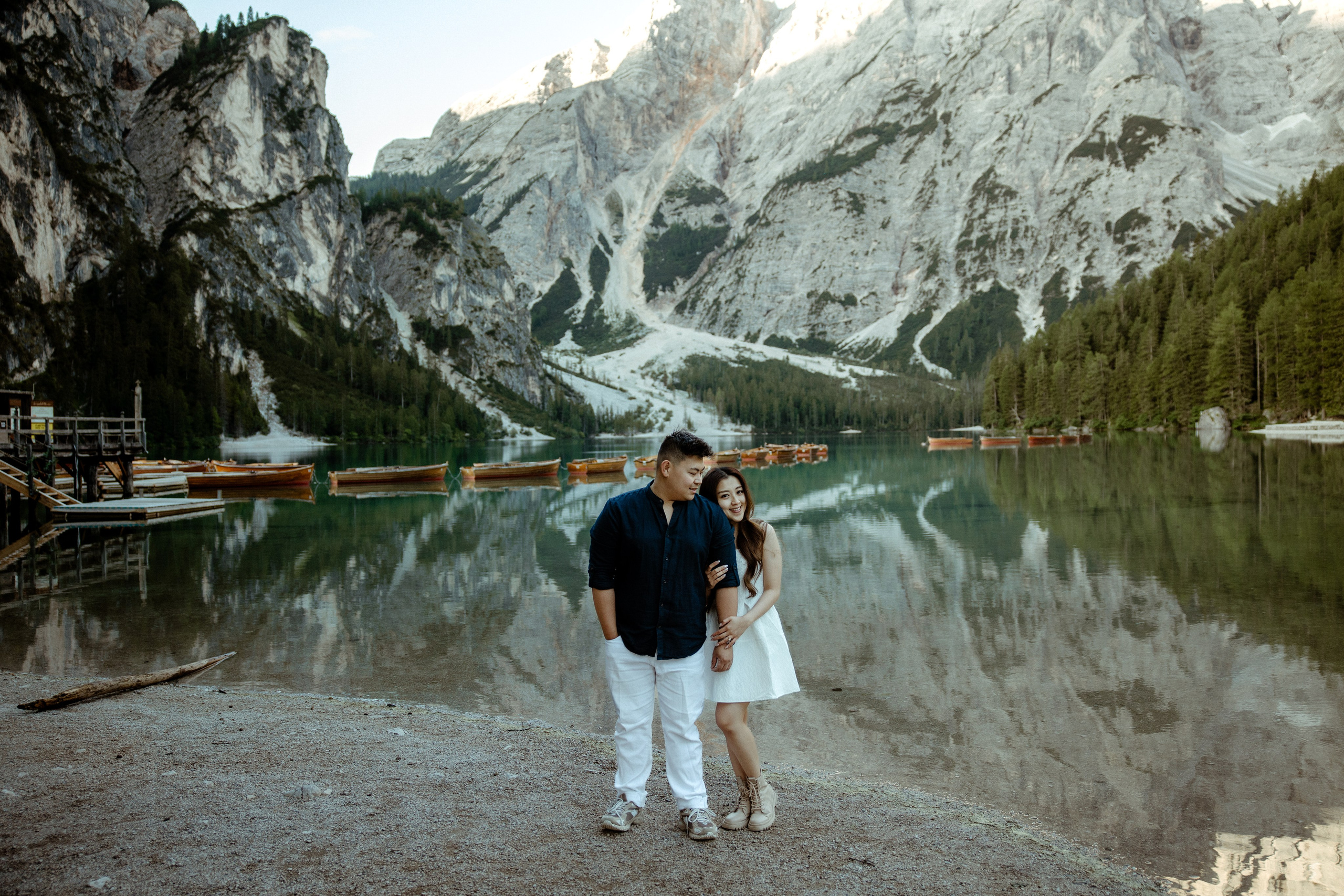 Sunrise proposal at Lago di Braies | Dreamy engagement in the Dolomites. Iceland elopement photographer & videographer