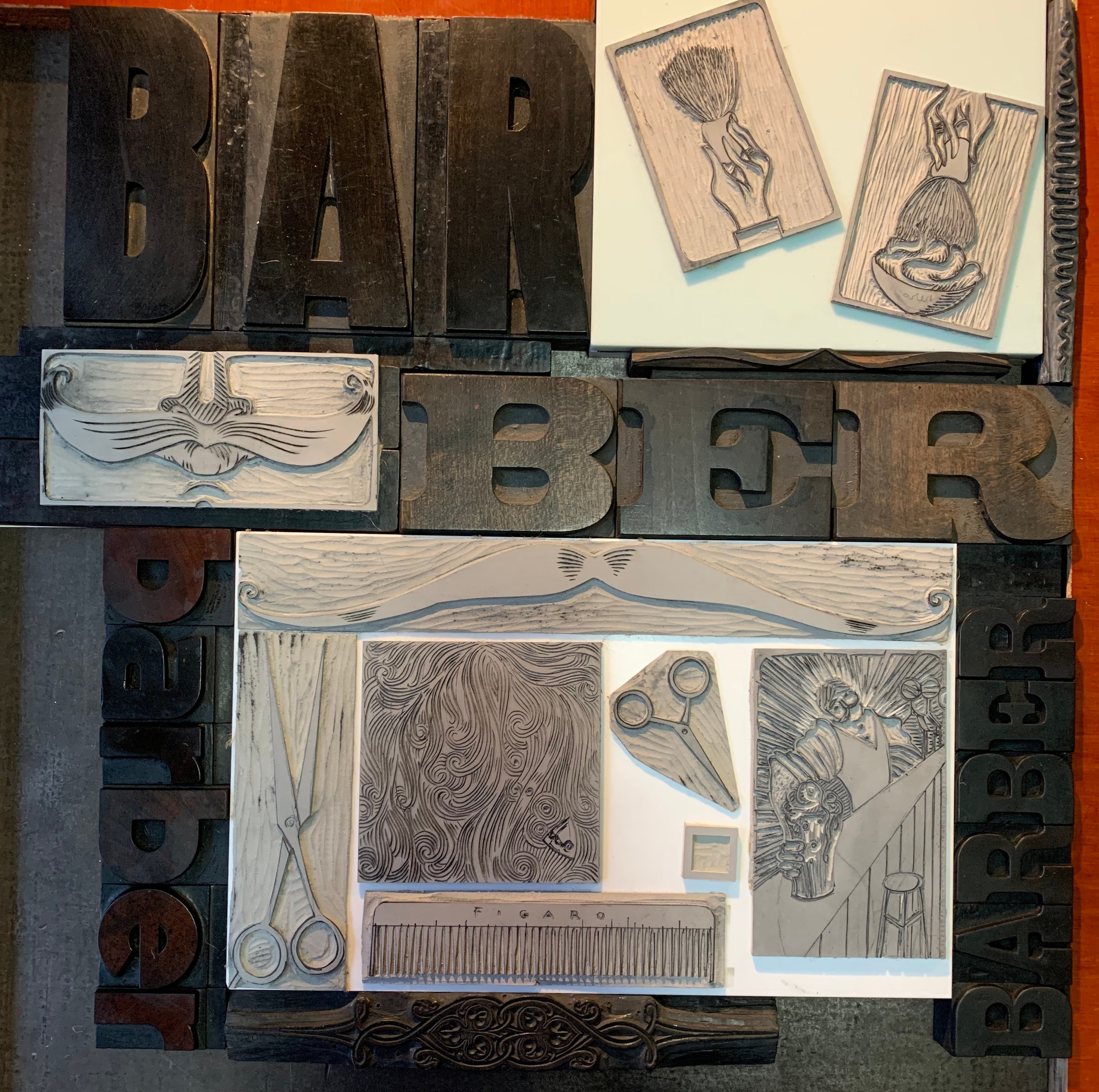 Barber print linocut printmaker antique printmaker barber print sous-sol editions limitededition artprint barberprint barber Rossini Figaro art print Nadia Kuprina composition