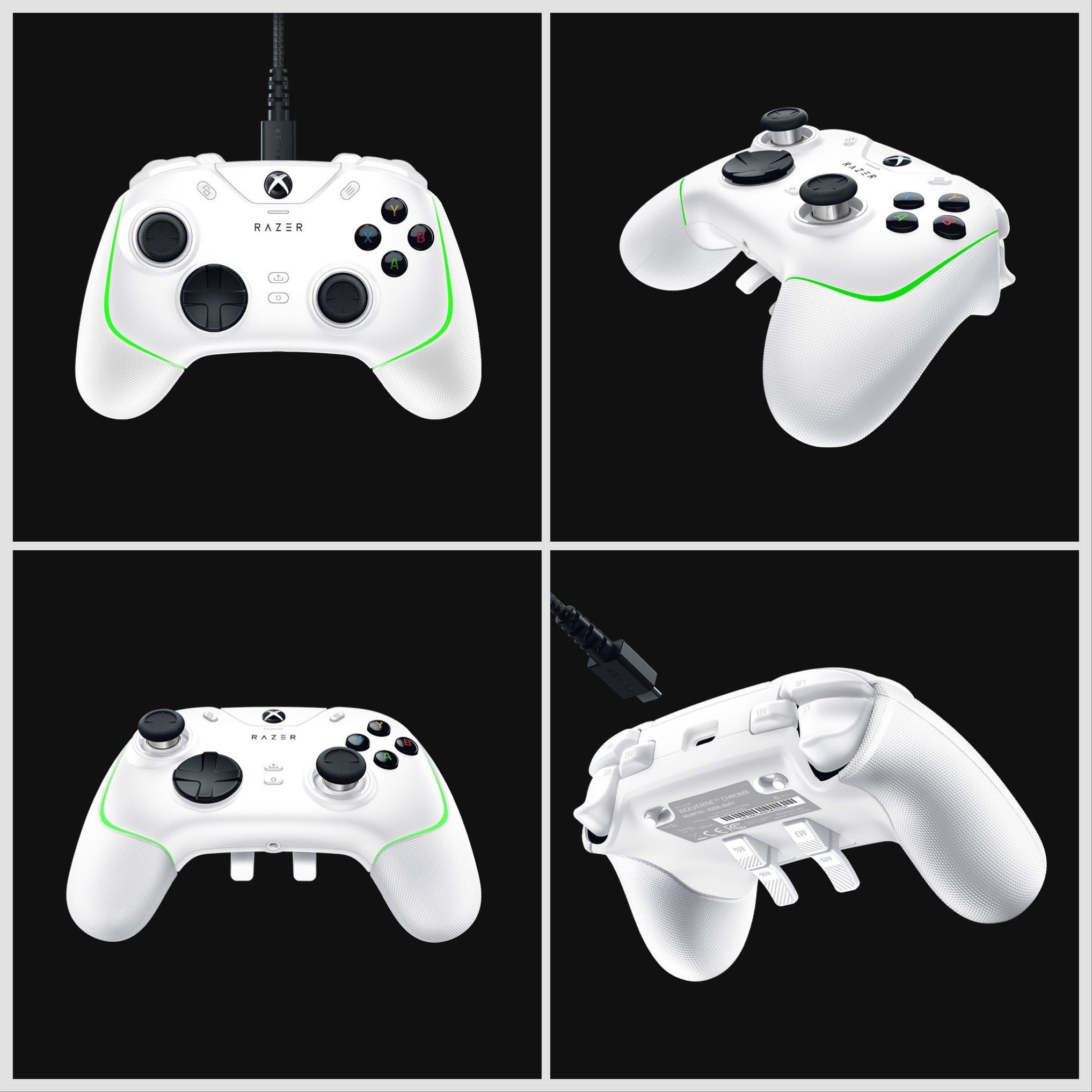 Various perspectives of gaming controller, showing front, side, and back details against a black background