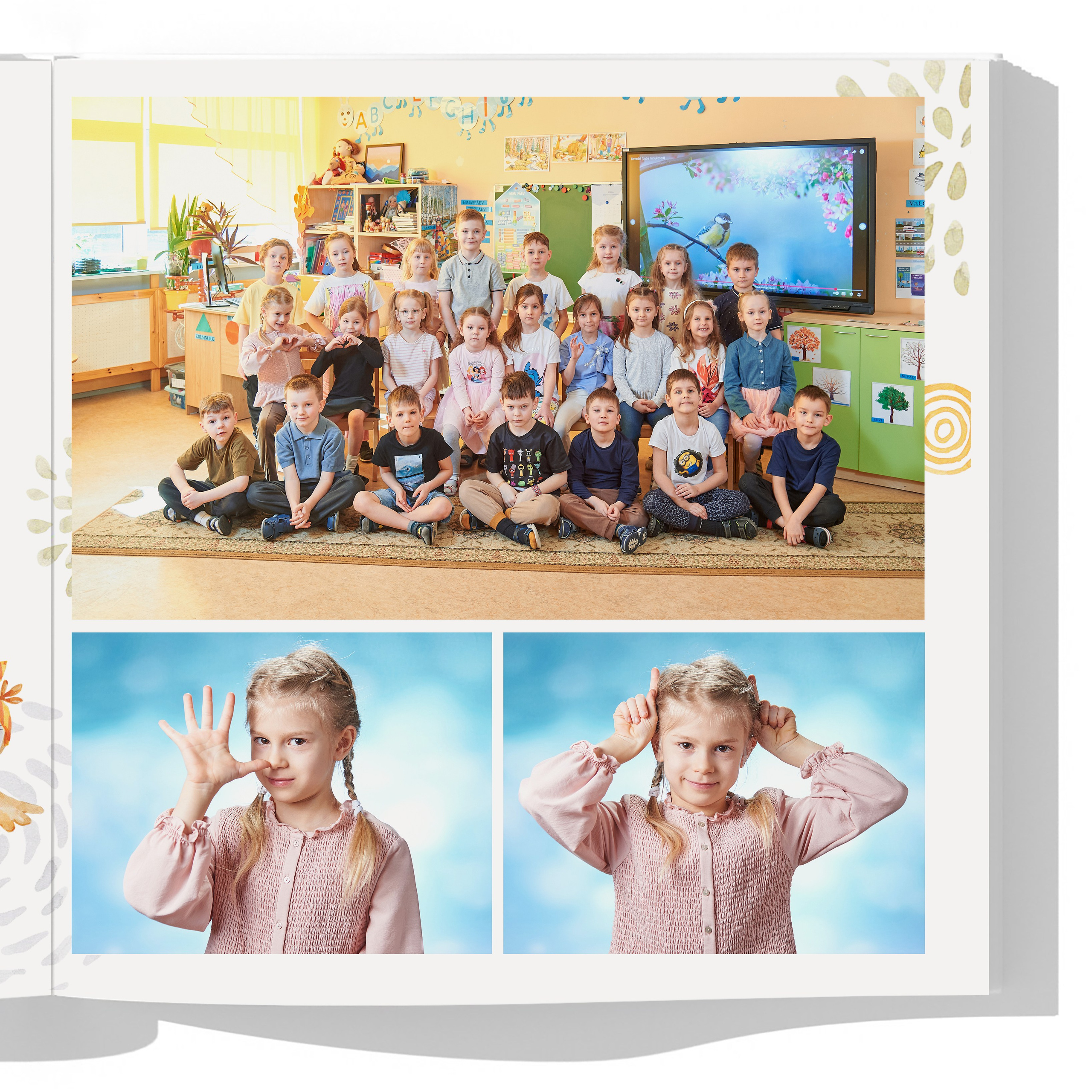 Разворот с веселыми портретами ребенка, общая фотография группы