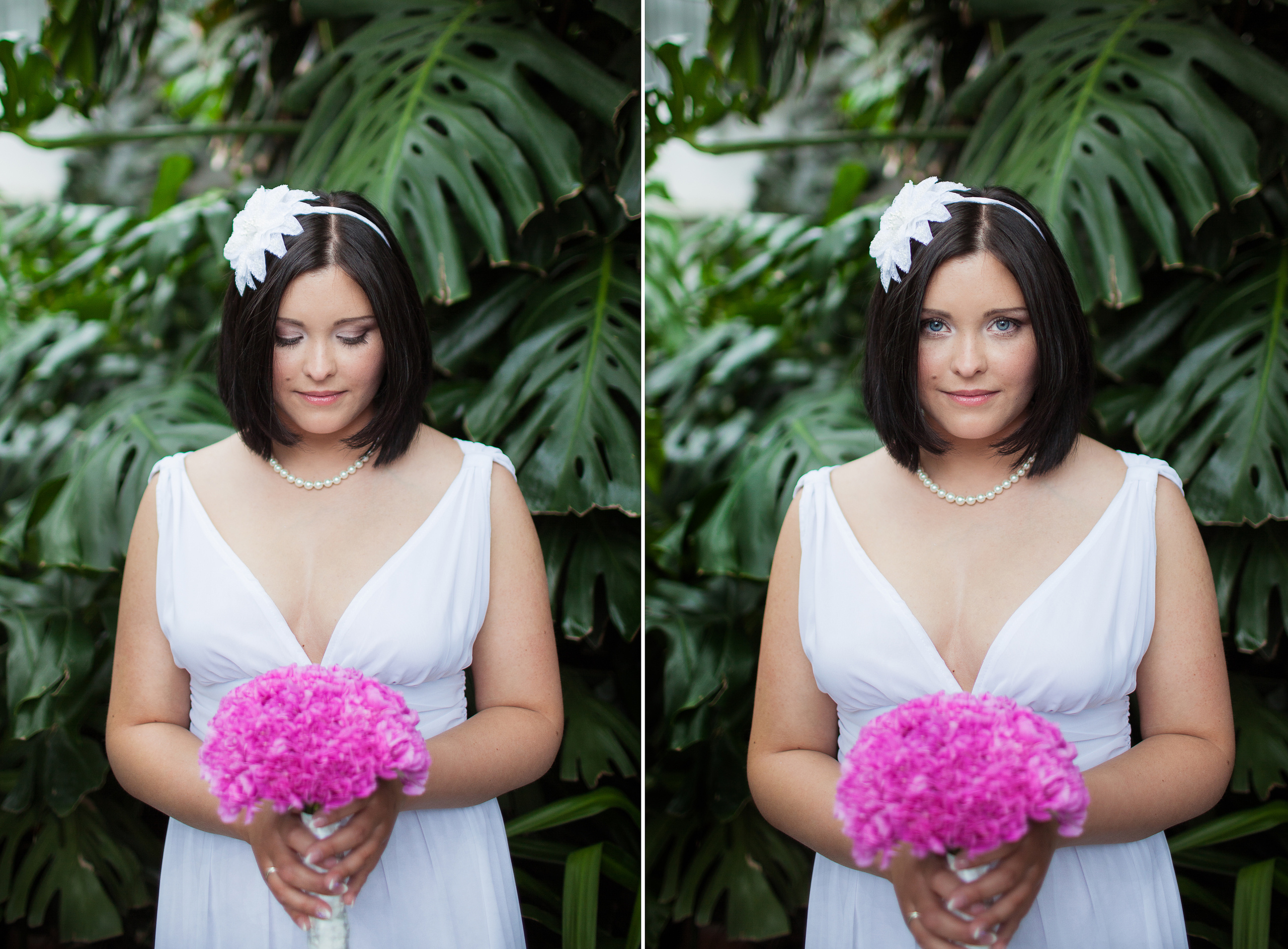 Kāzu fotosesija botāniskajā dārzā Rīgā. Līgava tura puķi rokās un smaida. Portretu foto idejas botāniskajā dārzā.