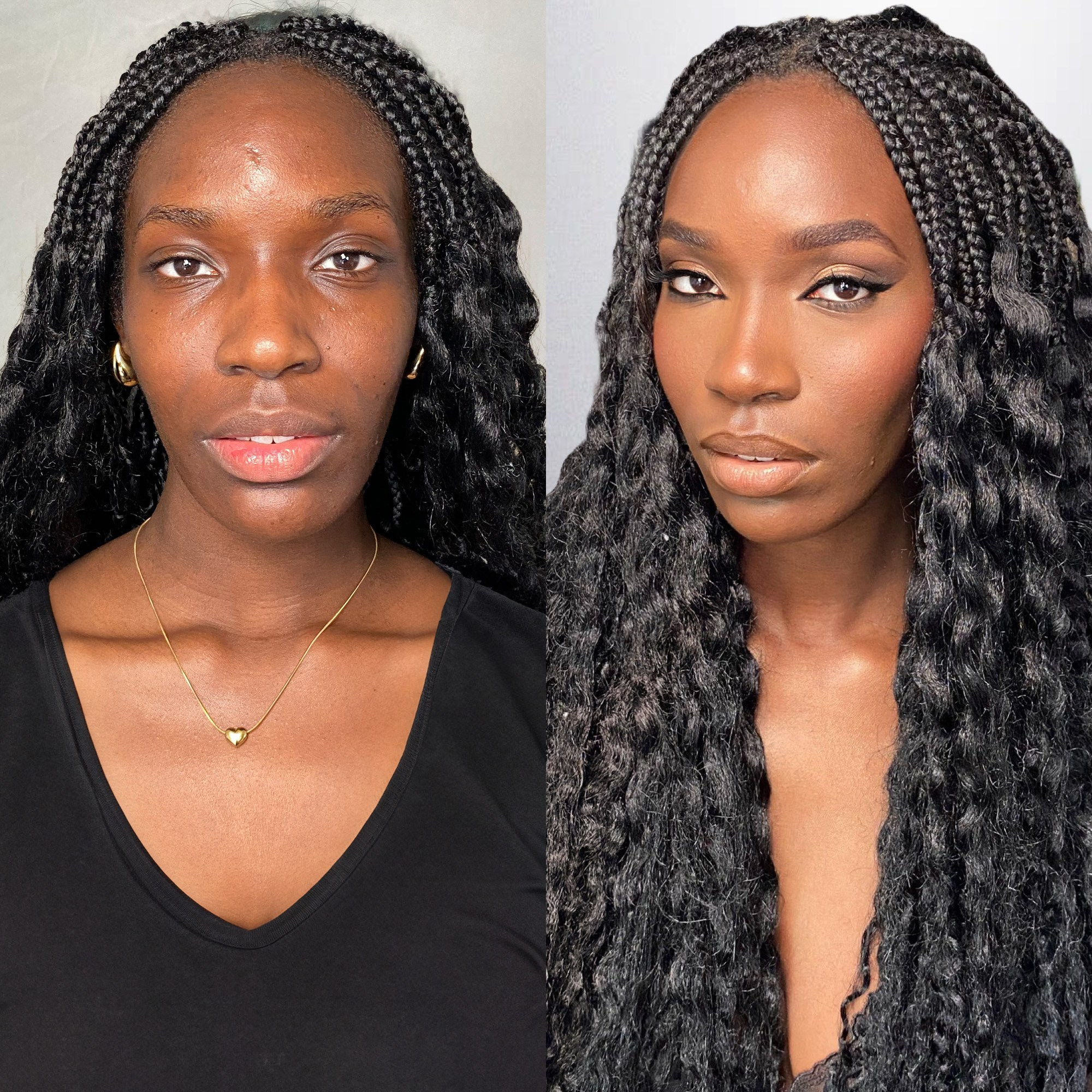 Before and after glamorous evening makeup in Rome. Bare face to dramatic smokey eye.
