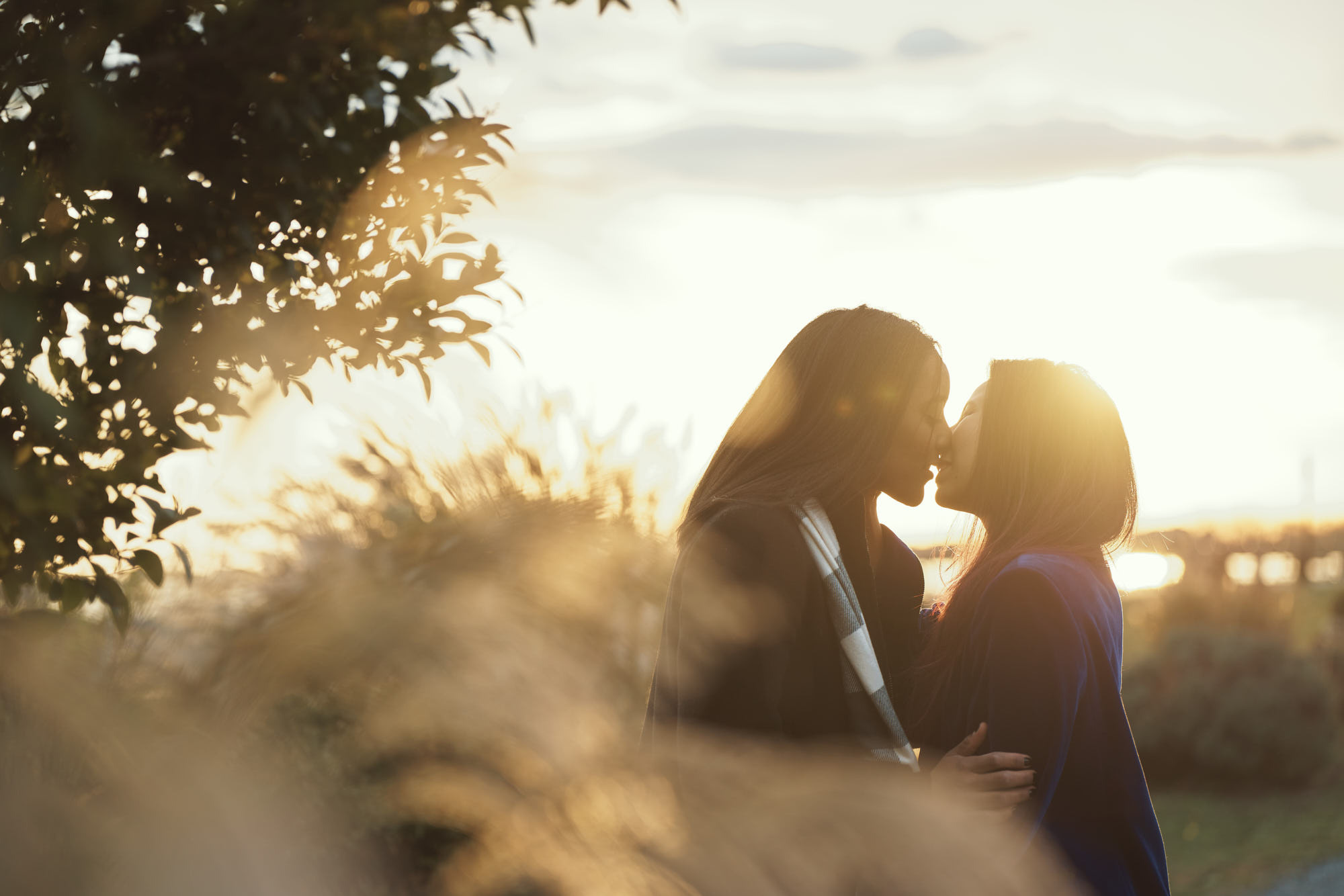 Romantic fall engagement photo of same sex female couple. Shot during sunset in Liberty State Park, Jersey CIty, NJ.