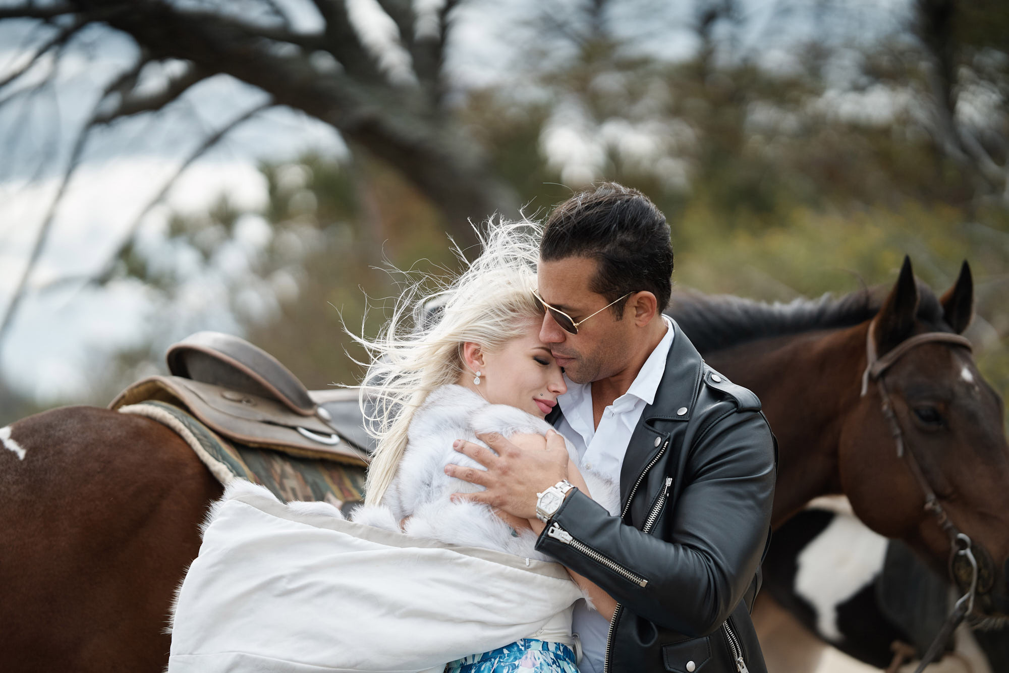 Creative engagement photosession with horses on the beach, Jamaica Bay Riding Academy, Brooklyn, NY.