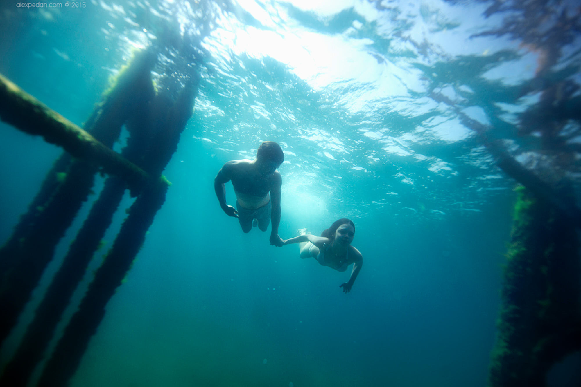 Rare underwater engagement photography capturing couple free diving deep into the ocean with old pier pillars in the background