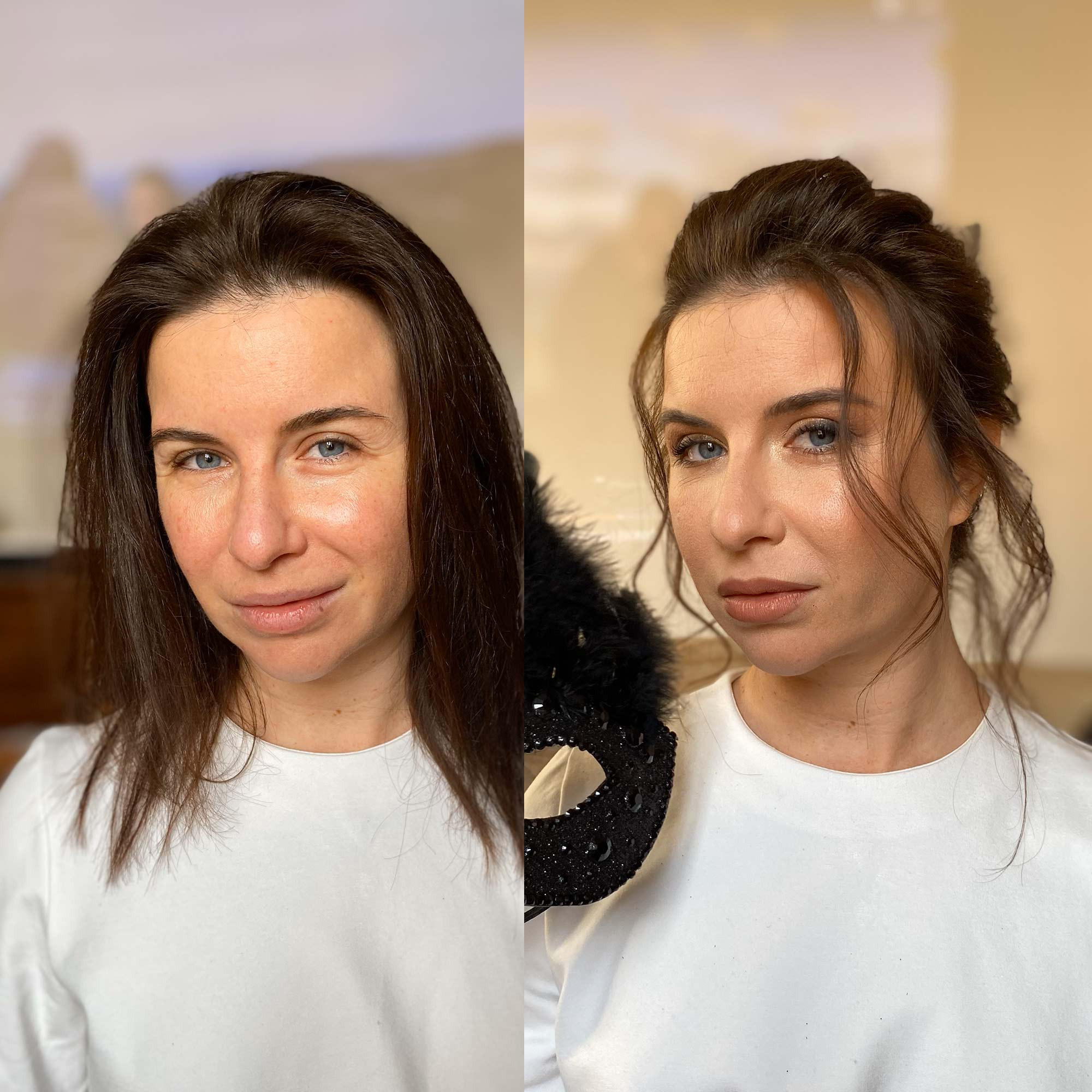 wedding guest makeup and up-do's hair. girl before and after makeup