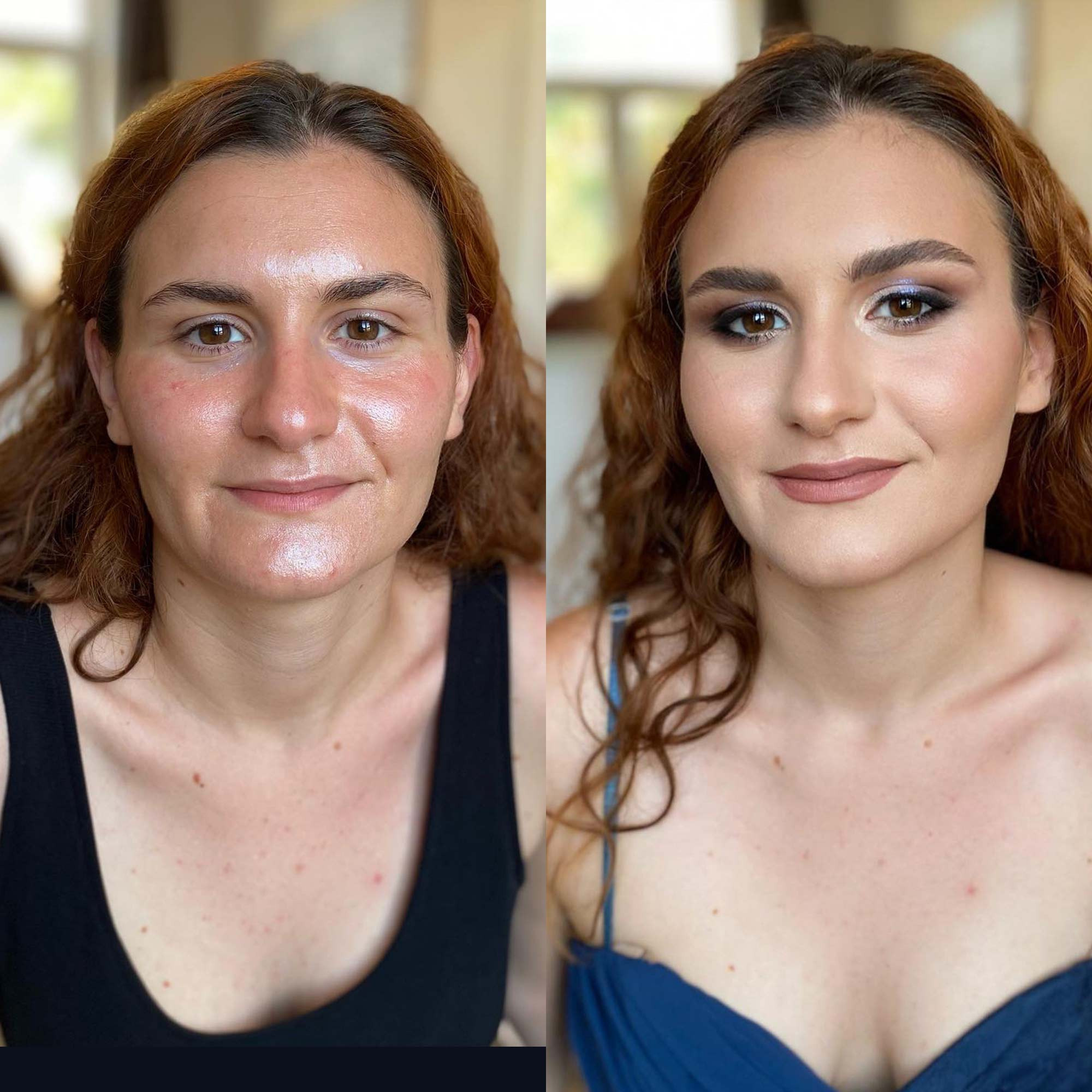 a bridesmaid with makeup and without in a hotel room in the cetner of rome