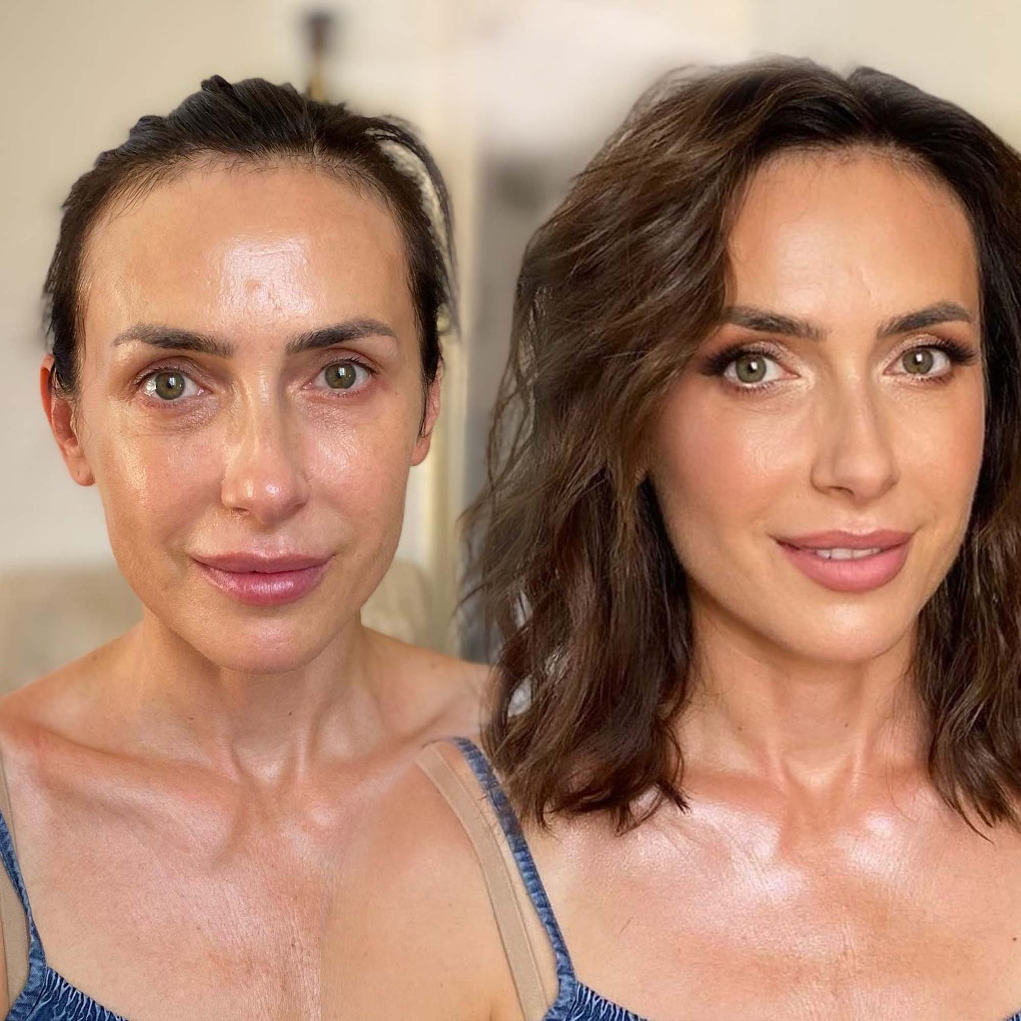 dewy glowy pink makeup  with highlighted neckline area and blended eyeliner eyes. Light natural hairstyle for hair till shoulders.
