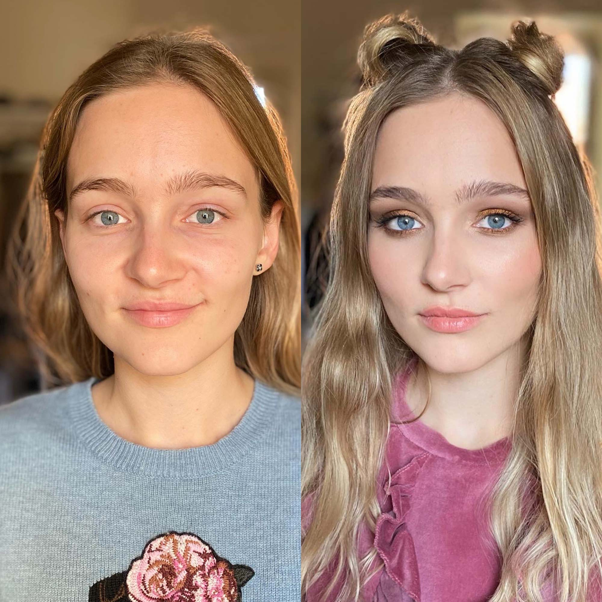 a girl without makeup and after makeup with soft goled smoky eyes