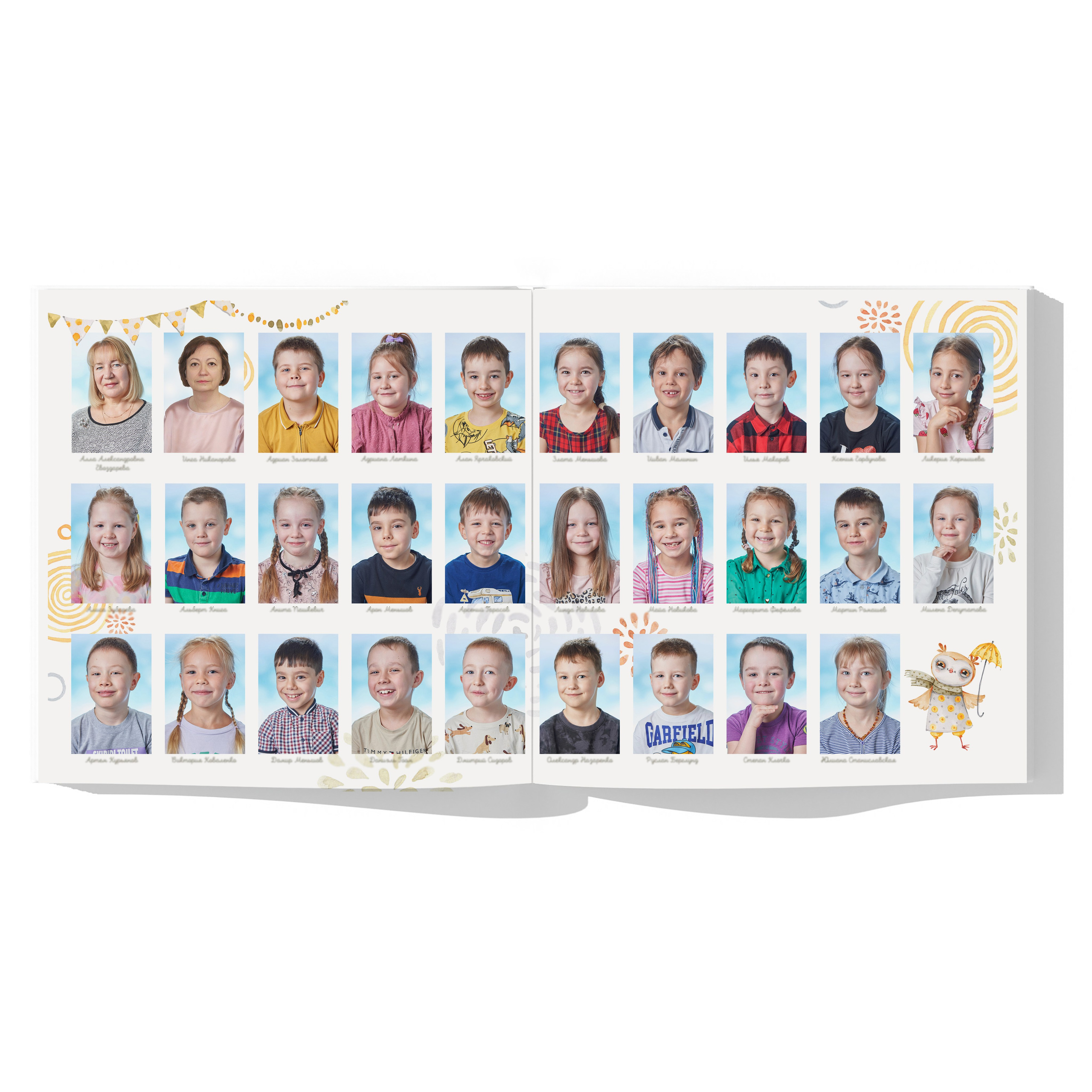 Разворот с фотографиями всех детей и воспитателей с именами.