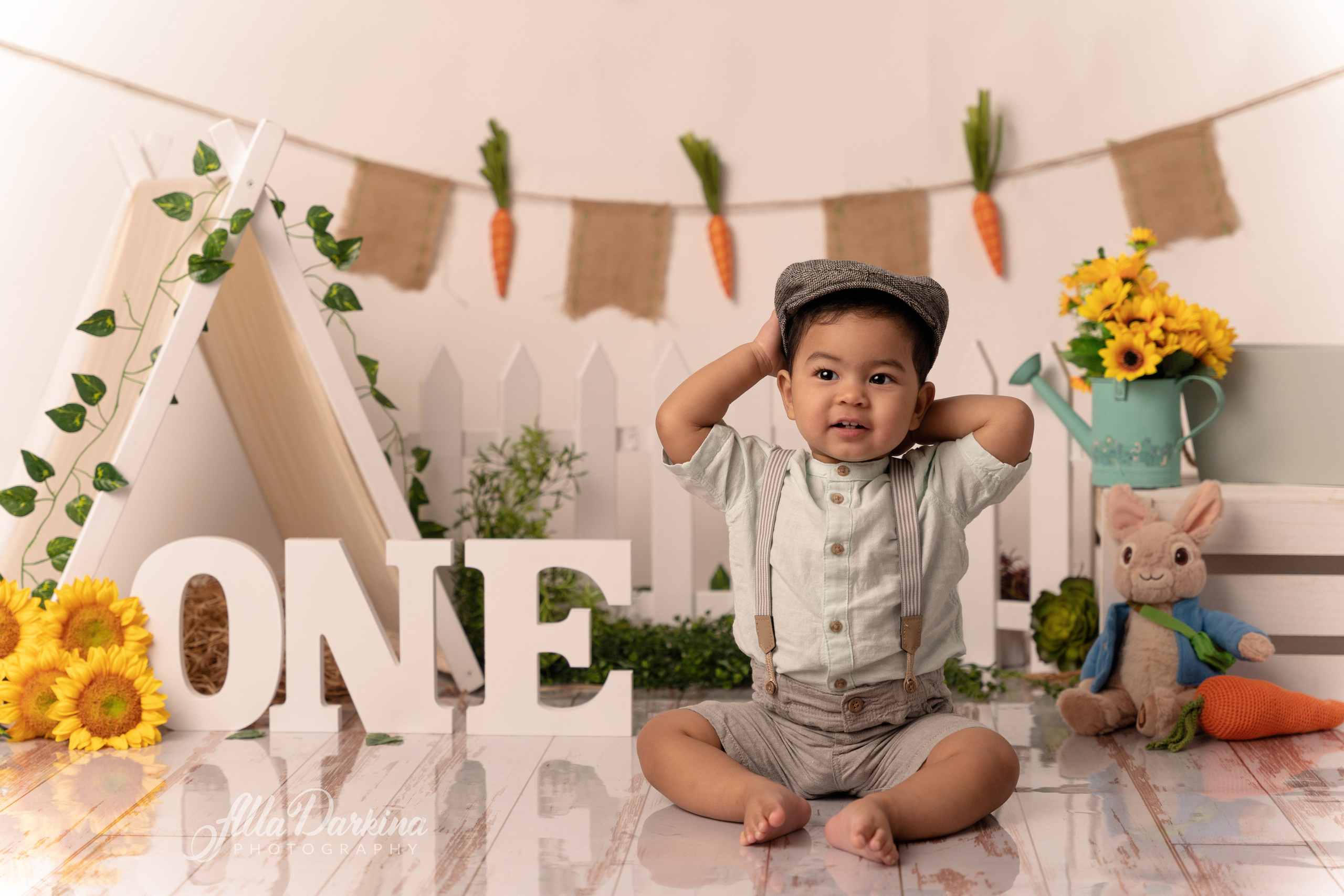 Peter rabbit cake smash for one-year-old baby. Newborn and family photographer. Hills District. Sydney