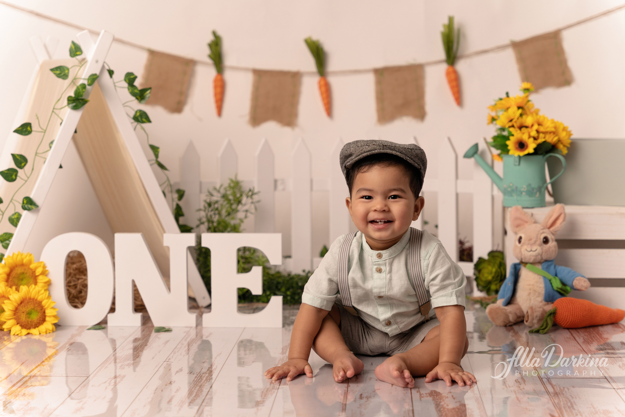 Peter rabbit cake smash for one-year-old baby. Newborn and family photographer. Hills District. Sydney