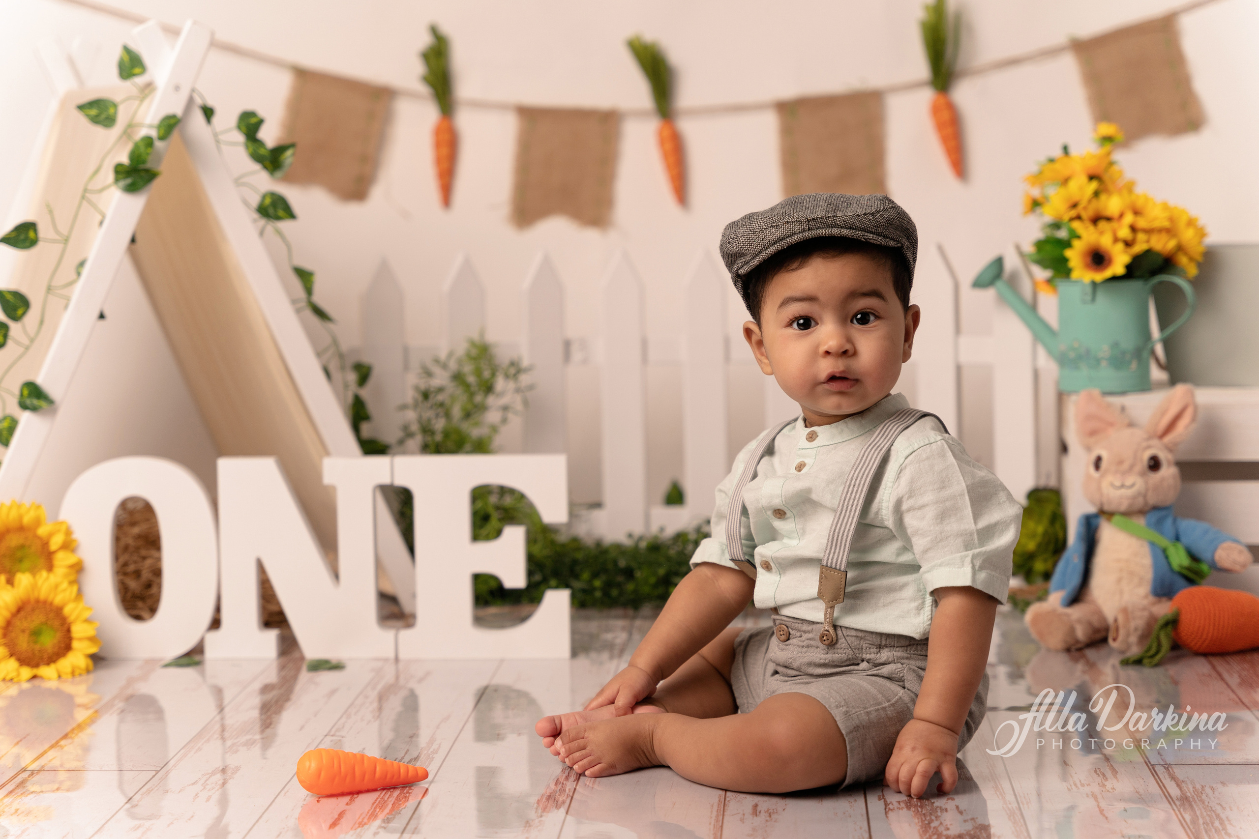 Peter rabbit cake smash for one-year-old baby. Newborn and family photographer. Hills District. Sydney