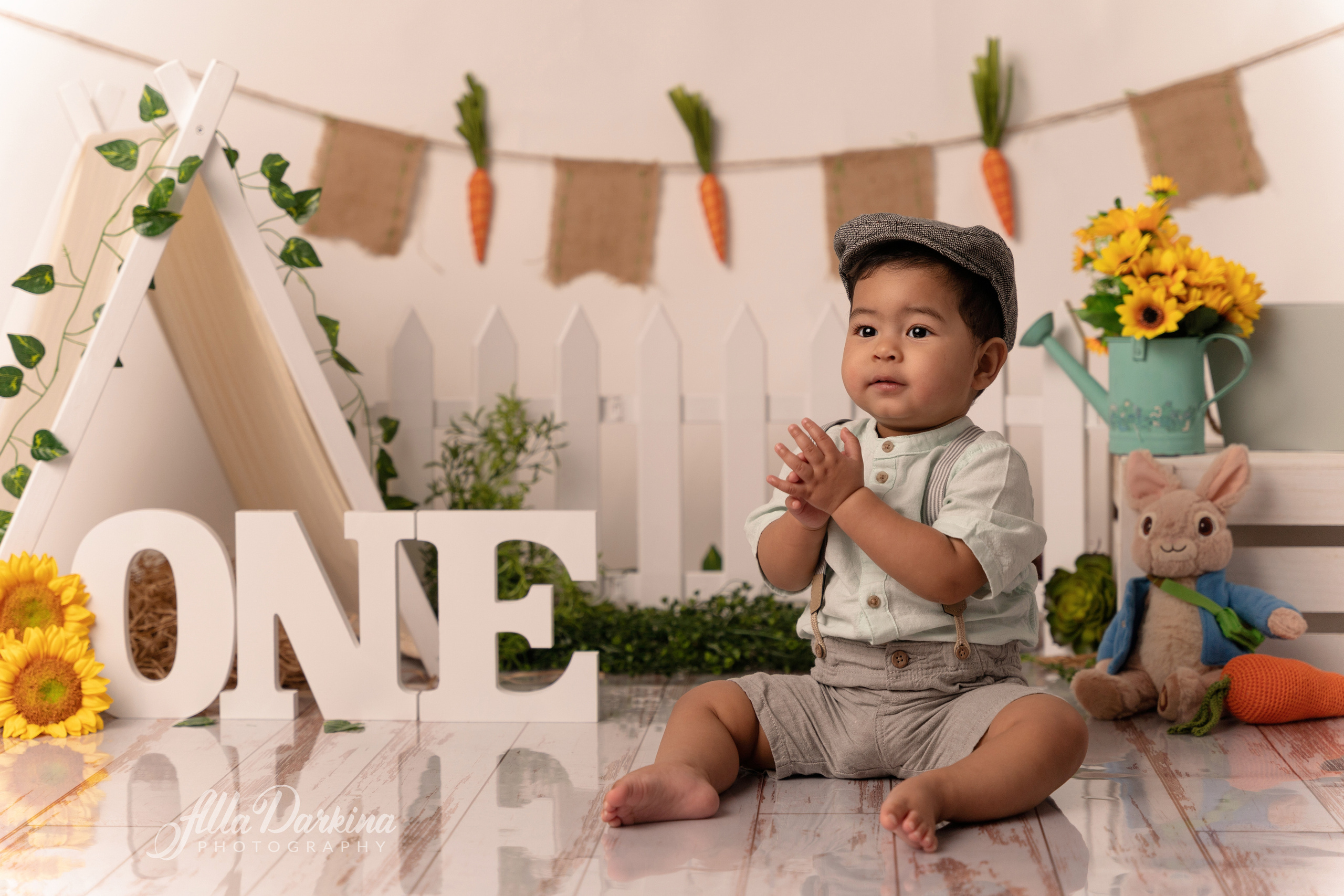 Peter rabbit cake smash for one-year-old baby. Newborn and family photographer. Hills District. Sydney
