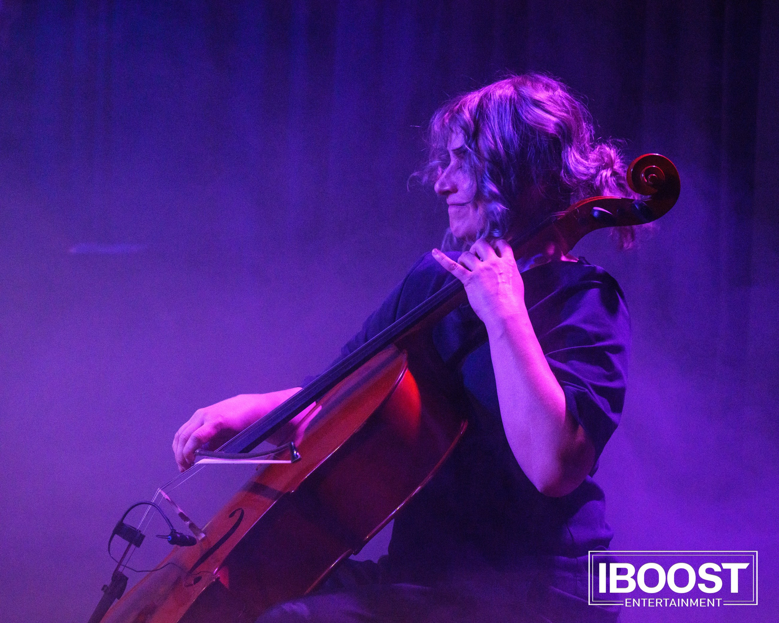Cellist of Animal JazZ performing on stage during the Sofia concert under purple lighting.