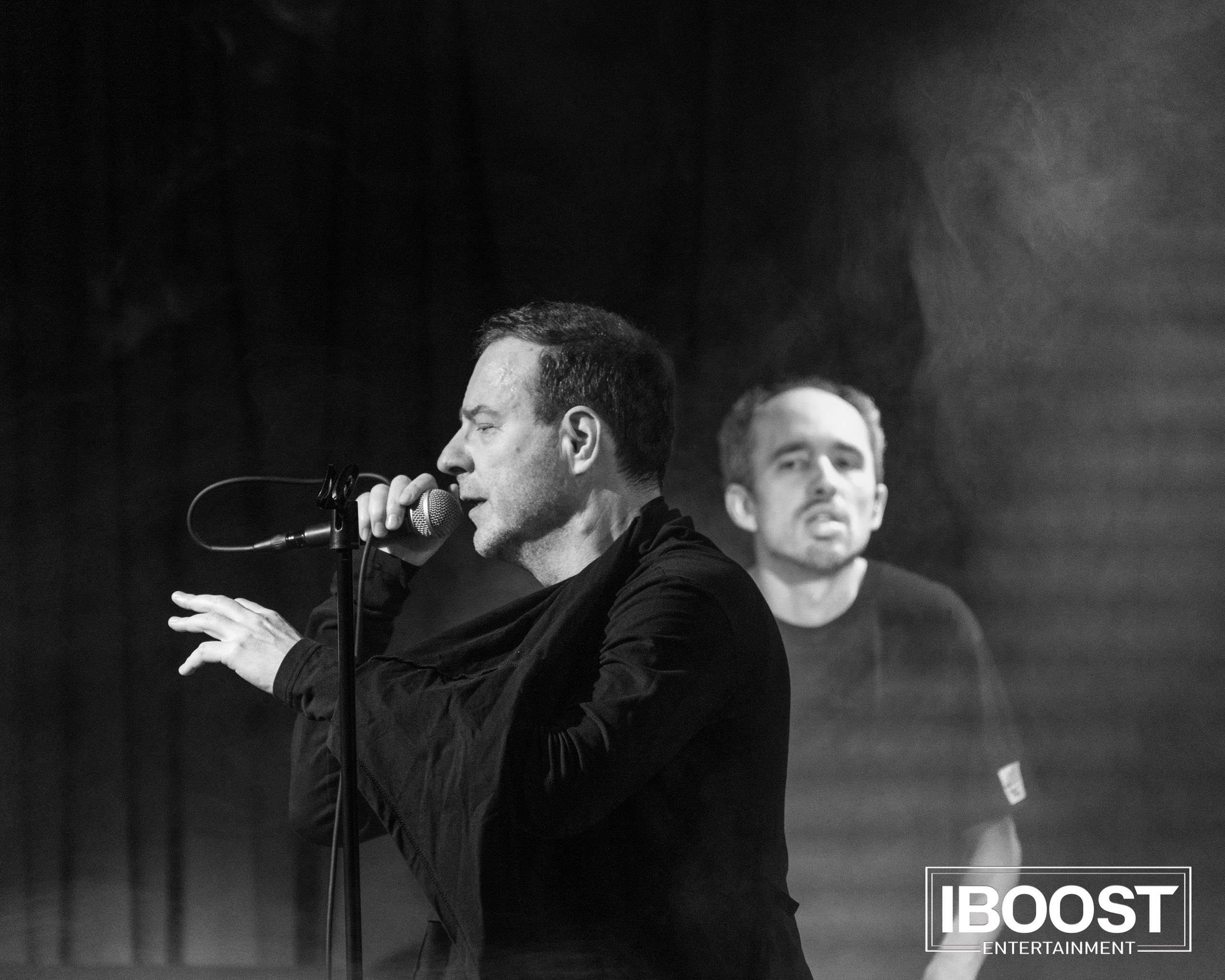 Black-and-white portrait of vocalist Krasovitsky singing on stage during the Animal JazZ concert in Sofia.