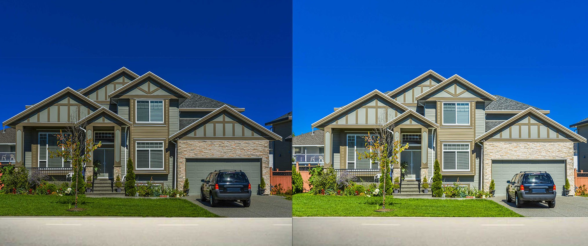 Before and after real estate photo retouching with natural sky replacement and exterior color correction.