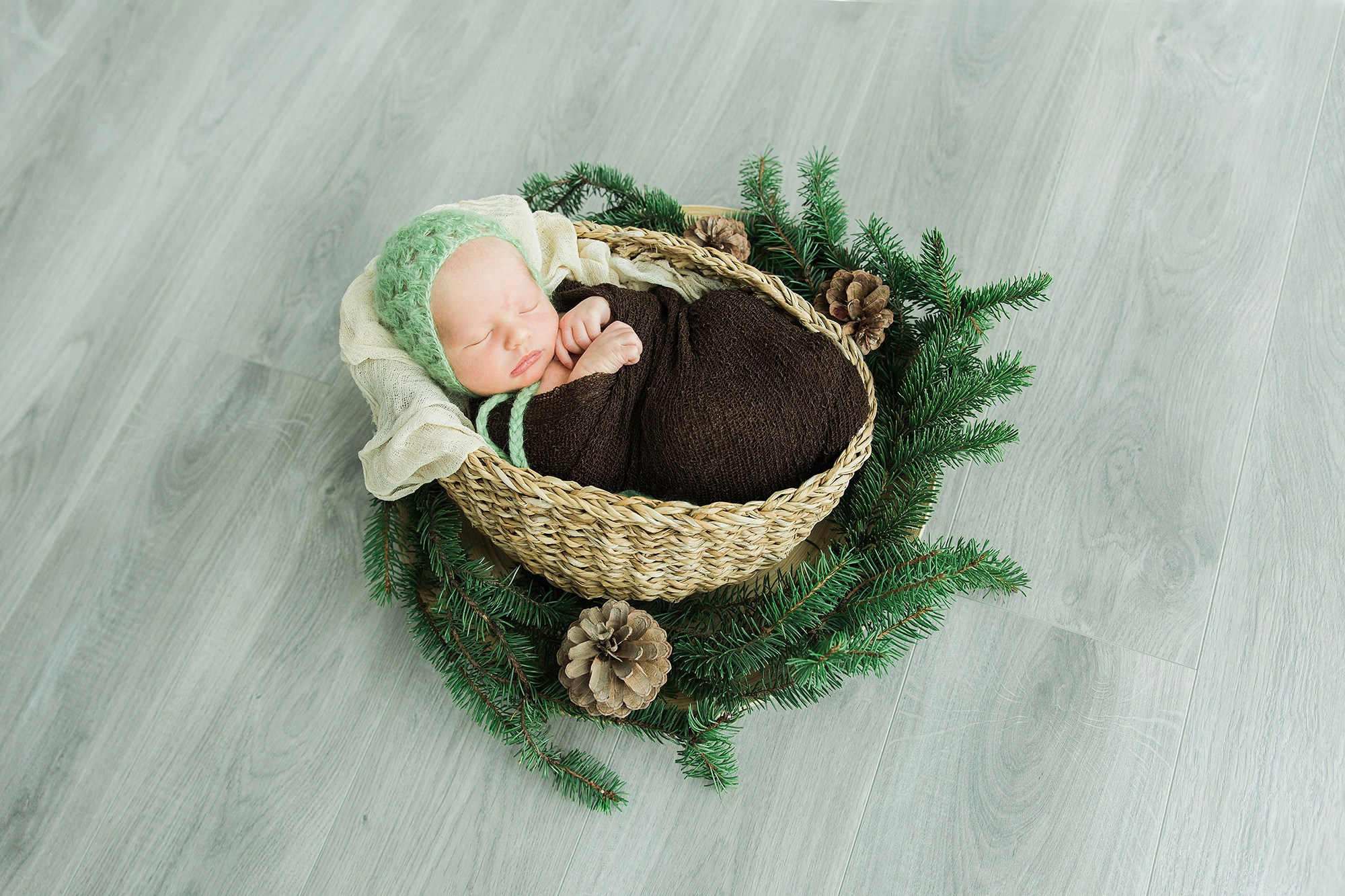 Talvinen newborn-kuvaus: vauva ruskeassa kapalossa havujen ja käpyjen keskellä.