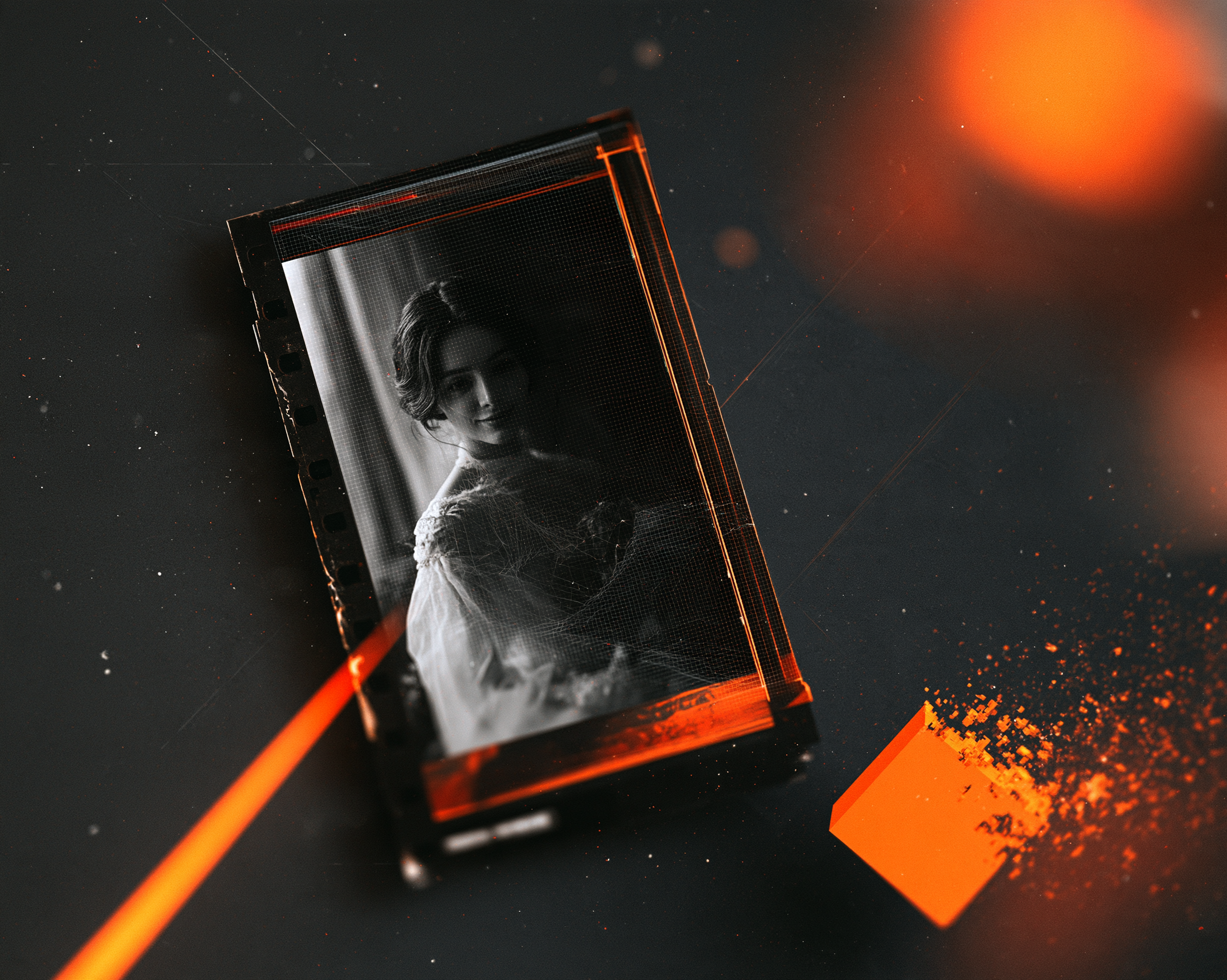 A visual aesthetic that bridges the gap between classic analog photography and modern digital art. The style features high-contrast black-and-white film imagery deconstructed through digital wireframes, glitch effects, and vibrant orange geometric accents against a moody, dark backdrop