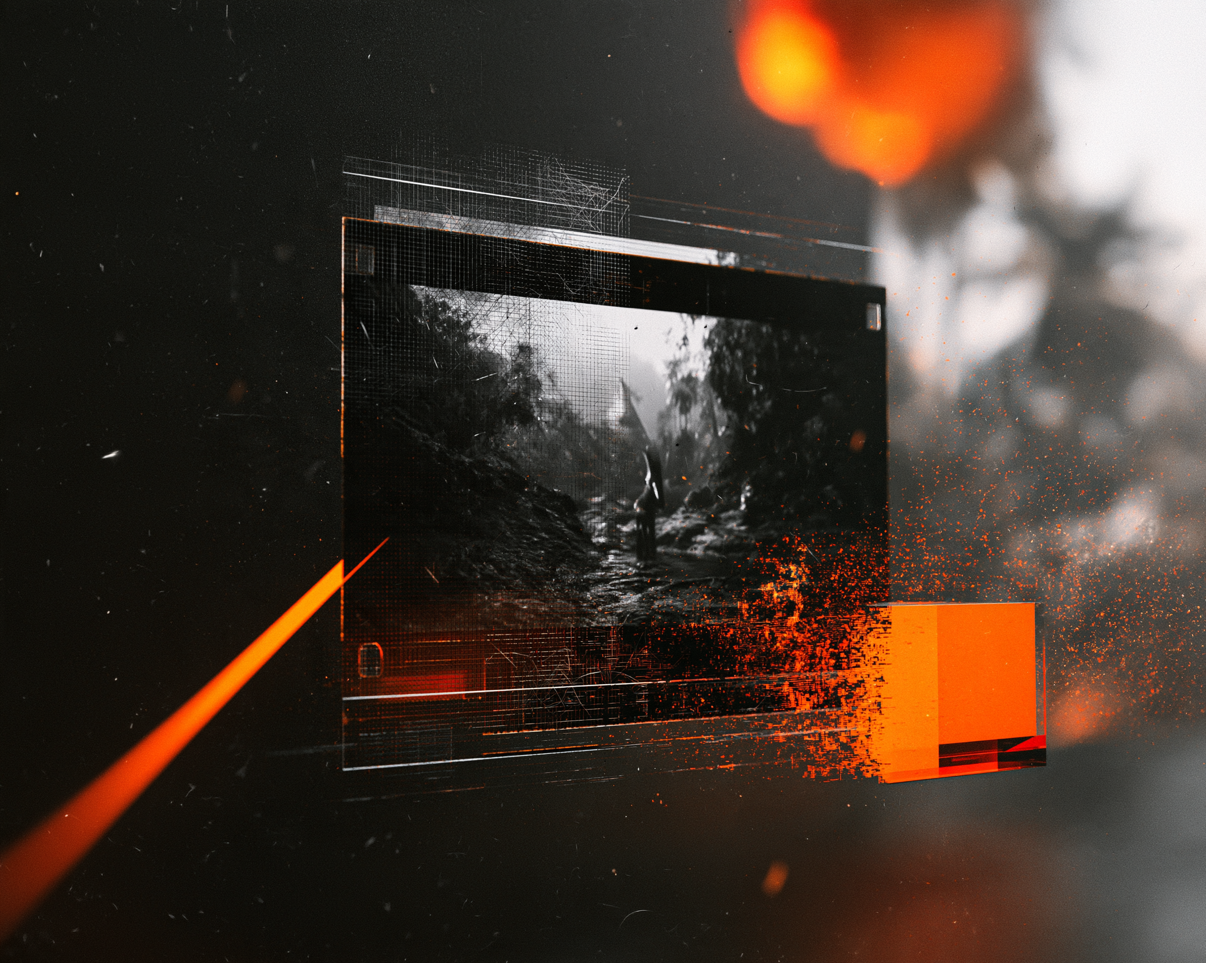 A visual aesthetic that bridges the gap between classic analog photography and modern digital art. The style features high-contrast black-and-white film imagery deconstructed through digital wireframes, glitch effects, and vibrant orange geometric accents against a moody, dark backdrop