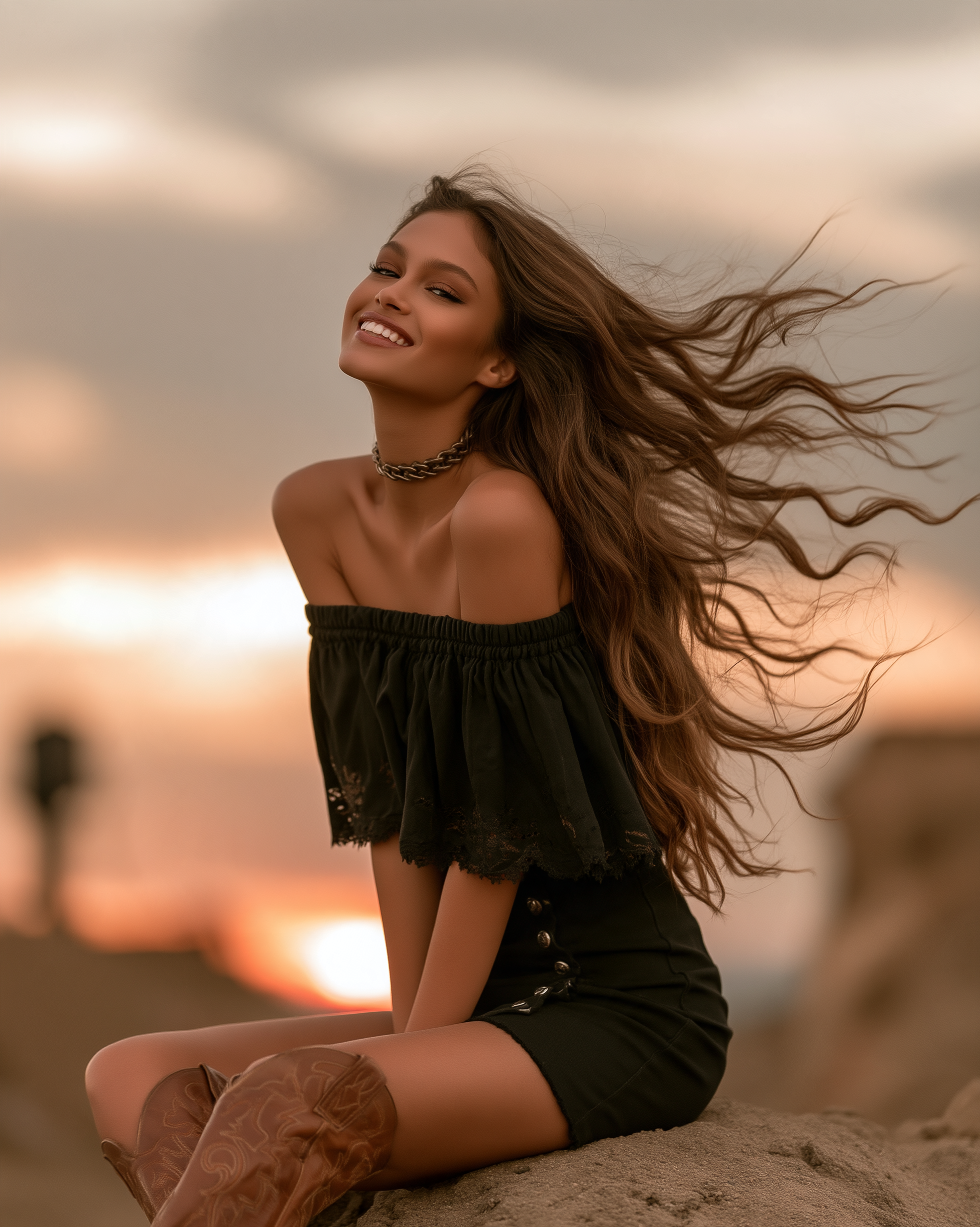 A series of four warm, golden-hour outdoor portraits of the same young woman with long, wavy light brown hair blowing dramatically in the wind. She is sitting on a rocky outcrop at sunset, wearing a black off-the-shoulder top with lace-trimmed ruffles, a black button-front mini skirt, a gold chain choker, and tall brown embroidered cowboy boots. Across the frames, she shifts from laughing joyfully with her head tilted back and eyes closed, to gazing softly at the camera, to looking away over her shoulder. The background features a wide, hazy amber and grey sky with a glowing low sun and a distant, blurred figure on the horizon, creating a warm, cinematic, and free-spirited atmosphere
