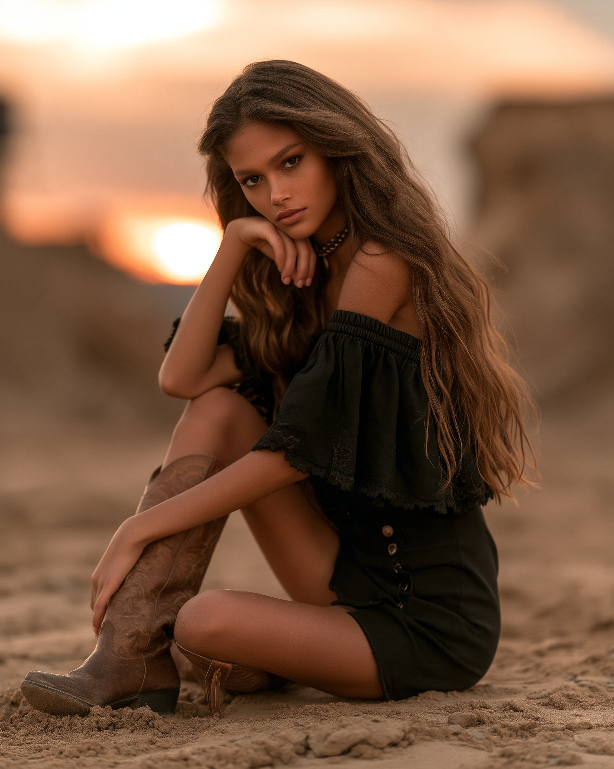 A series of four warm, golden-hour outdoor portraits of the same young woman with long, wavy light brown hair blowing dramatically in the wind. She is sitting on a rocky outcrop at sunset, wearing a black off-the-shoulder top with lace-trimmed ruffles, a black button-front mini skirt, a gold chain choker, and tall brown embroidered cowboy boots. Across the frames, she shifts from laughing joyfully with her head tilted back and eyes closed, to gazing softly at the camera, to looking away over her shoulder. The background features a wide, hazy amber and grey sky with a glowing low sun and a distant, blurred figure on the horizon, creating a warm, cinematic, and free-spirited atmosphere