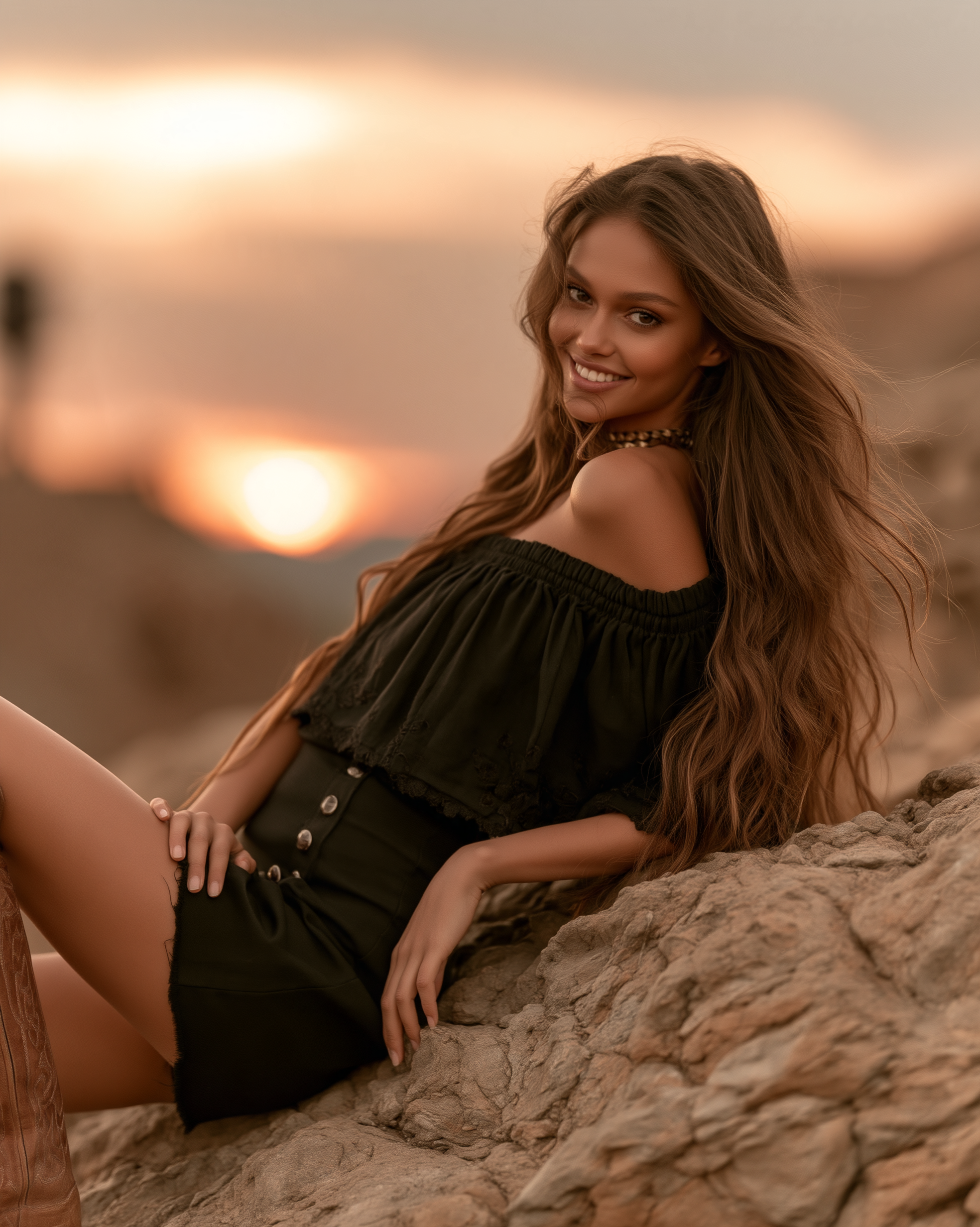 A series of four warm, golden-hour outdoor portraits of the same young woman with long, wavy light brown hair blowing dramatically in the wind. She is sitting on a rocky outcrop at sunset, wearing a black off-the-shoulder top with lace-trimmed ruffles, a black button-front mini skirt, a gold chain choker, and tall brown embroidered cowboy boots. Across the frames, she shifts from laughing joyfully with her head tilted back and eyes closed, to gazing softly at the camera, to looking away over her shoulder. The background features a wide, hazy amber and grey sky with a glowing low sun and a distant, blurred figure on the horizon, creating a warm, cinematic, and free-spirited atmosphere