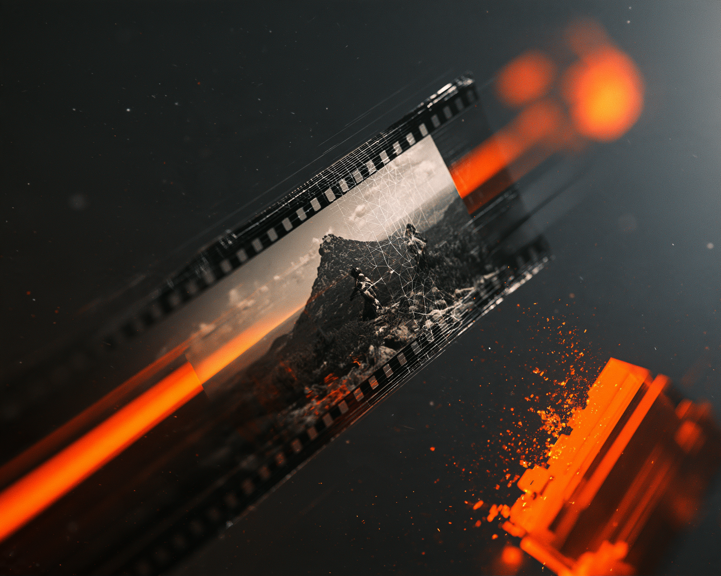 A visual aesthetic that bridges the gap between classic analog photography and modern digital art. The style features high-contrast black-and-white film imagery deconstructed through digital wireframes, glitch effects, and vibrant orange geometric accents against a moody, dark backdrop