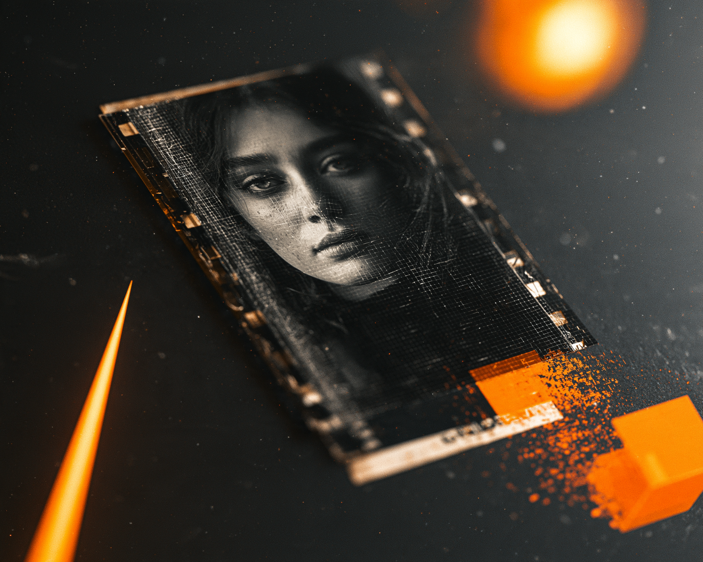 A visual aesthetic that bridges the gap between classic analog photography and modern digital art. The style features high-contrast black-and-white film imagery deconstructed through digital wireframes, glitch effects, and vibrant orange geometric accents against a moody, dark backdrop