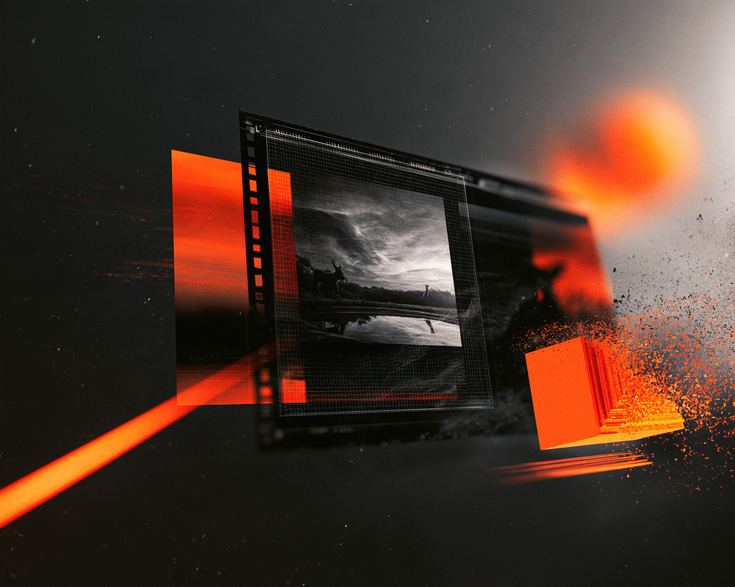 A visual aesthetic that bridges the gap between classic analog photography and modern digital art. The style features high-contrast black-and-white film imagery deconstructed through digital wireframes, glitch effects, and vibrant orange geometric accents against a moody, dark backdrop