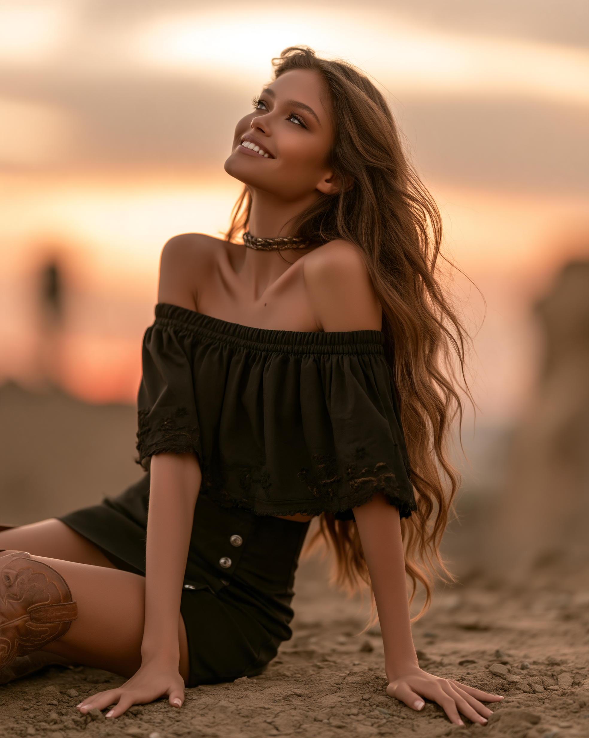 A series of four warm, golden-hour outdoor portraits of the same young woman with long, wavy light brown hair blowing dramatically in the wind. She is sitting on a rocky outcrop at sunset, wearing a black off-the-shoulder top with lace-trimmed ruffles, a black button-front mini skirt, a gold chain choker, and tall brown embroidered cowboy boots. Across the frames, she shifts from laughing joyfully with her head tilted back and eyes closed, to gazing softly at the camera, to looking away over her shoulder. The background features a wide, hazy amber and grey sky with a glowing low sun and a distant, blurred figure on the horizon, creating a warm, cinematic, and free-spirited atmosphere