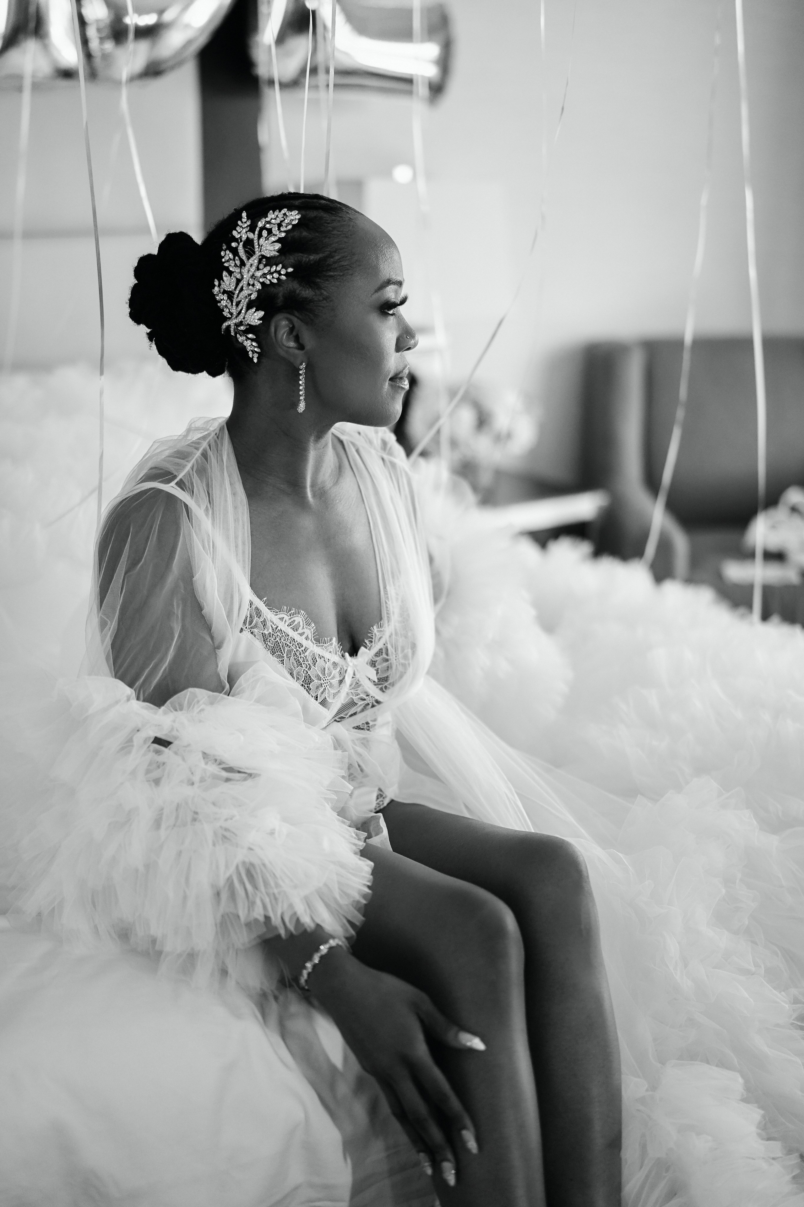 Black and white bridal portrait in wedding dress captured at elegant New Jersey wedding