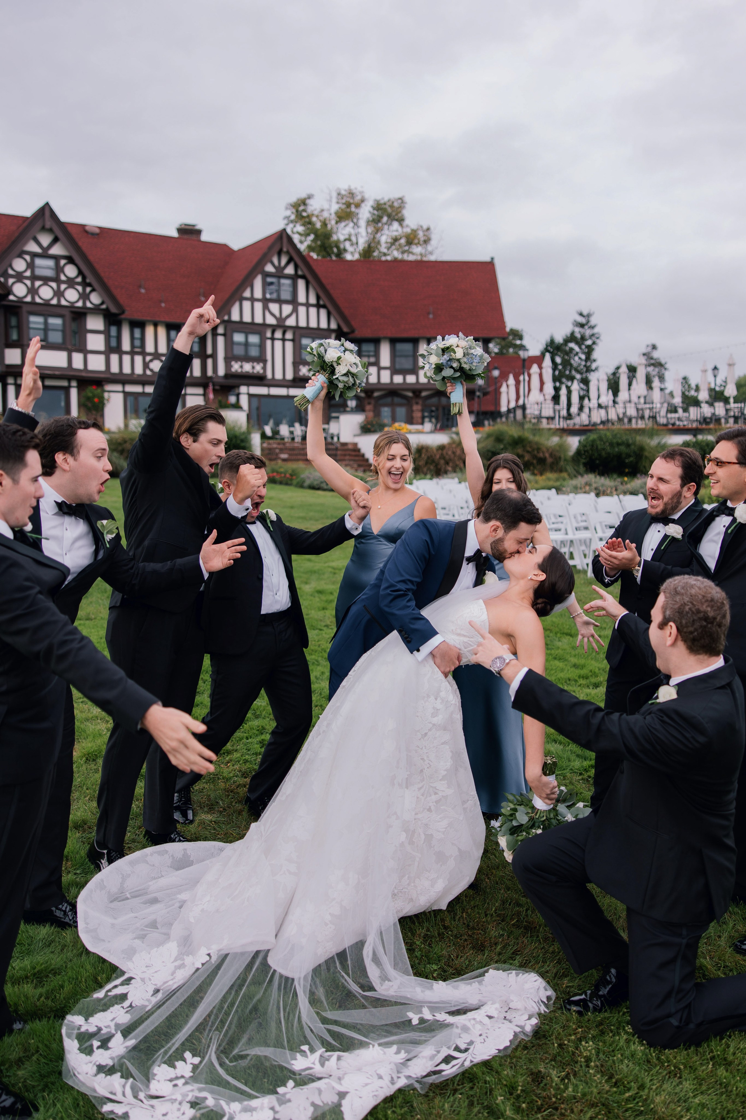 a bride and groom are having a party with their friends